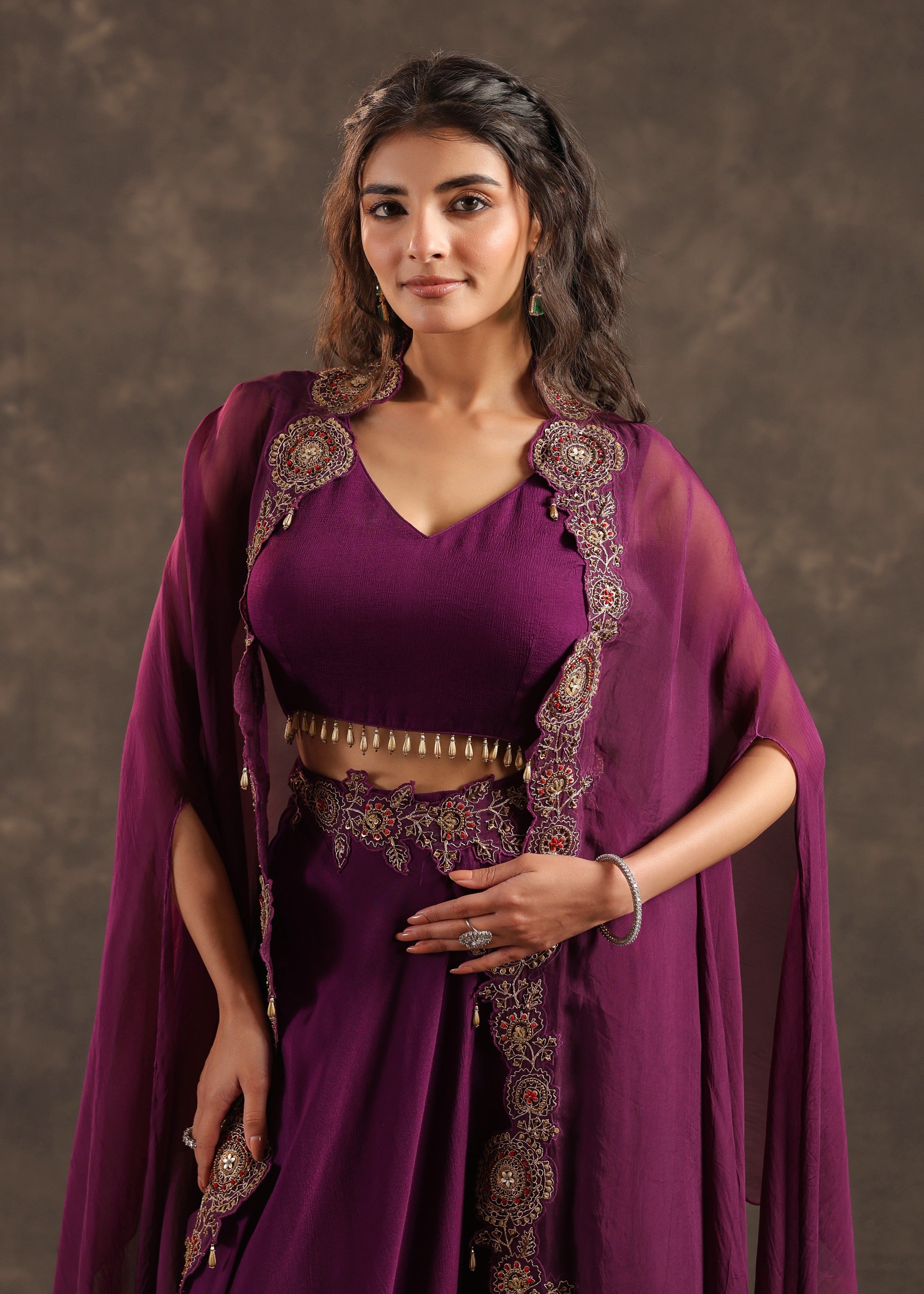Plum Flare Embellished Crepe Silk Cape Set