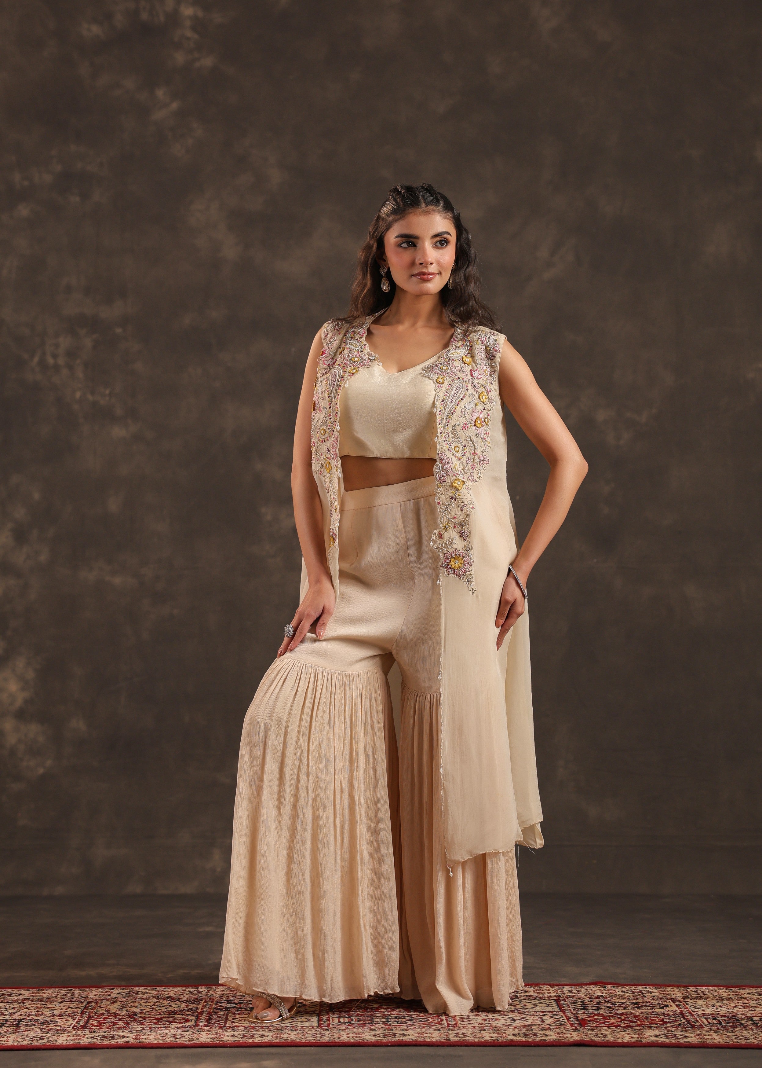 Beige Flora Embellished Chinon Silk Sharara Set