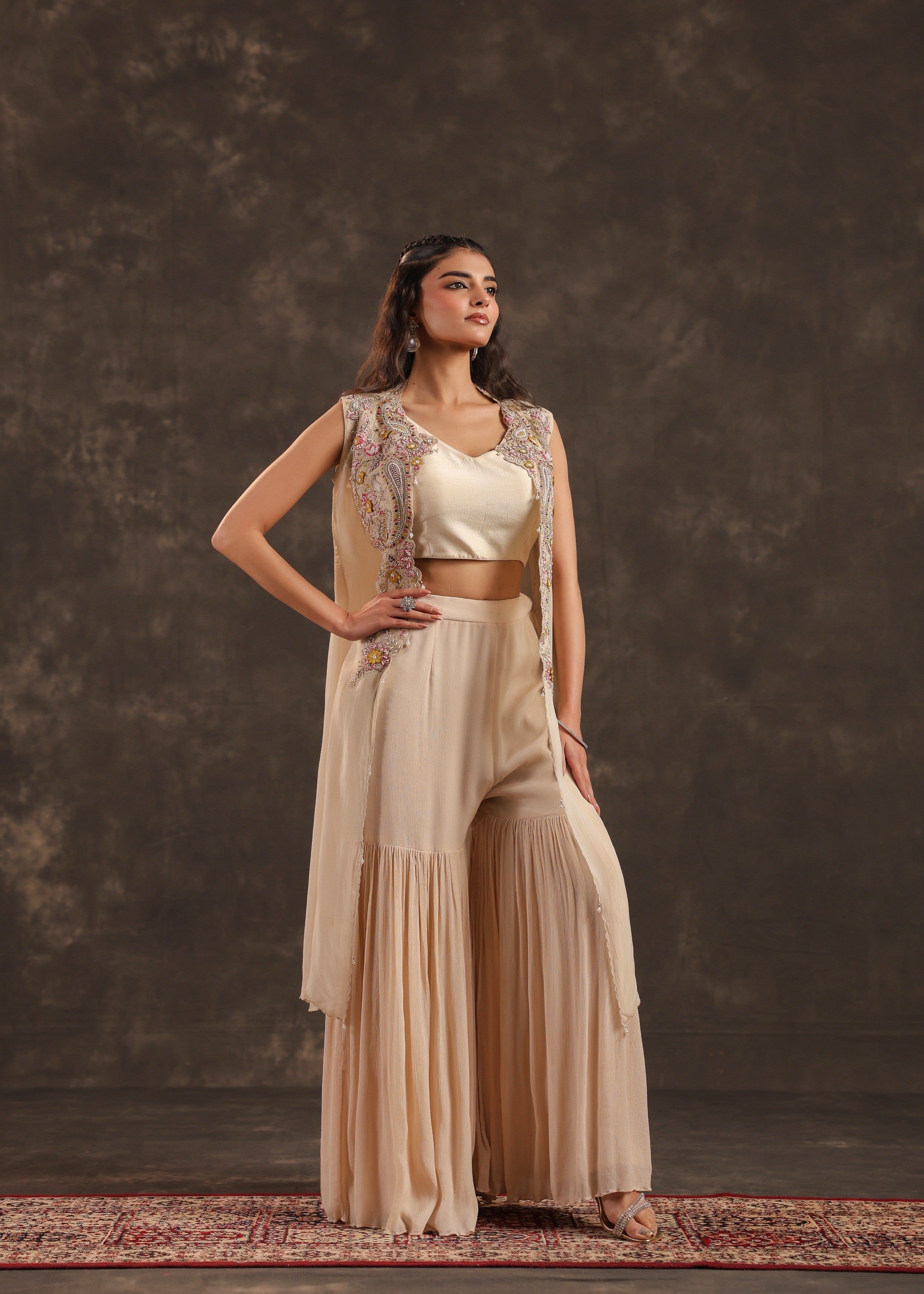 Beige Flora Embellished Chinon Silk Sharara Set