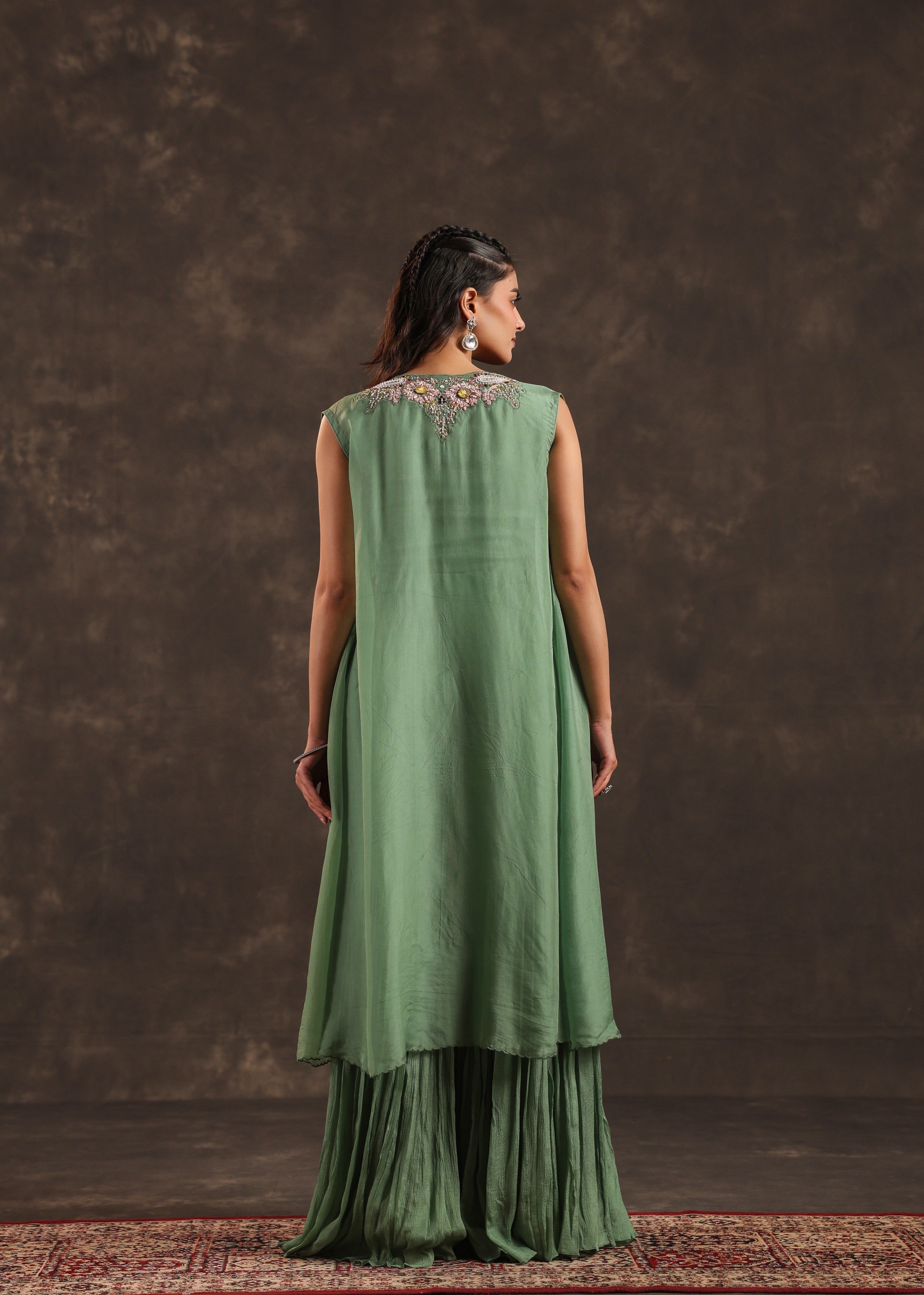 Sage Flora Embellished Chinon Silk Sharara Set