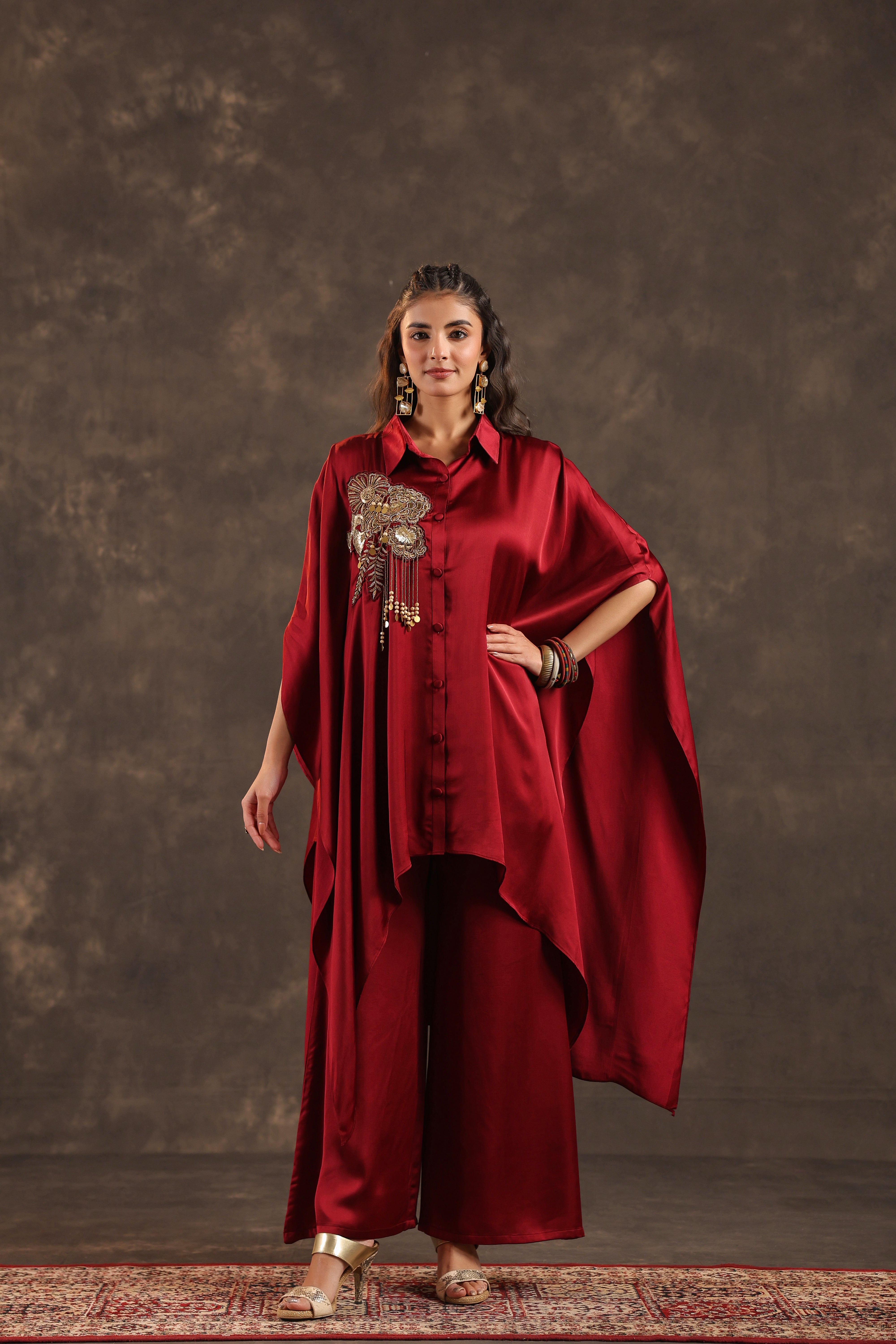 Metallic Red Embellished Modal Satin Silk Co-Ord Set