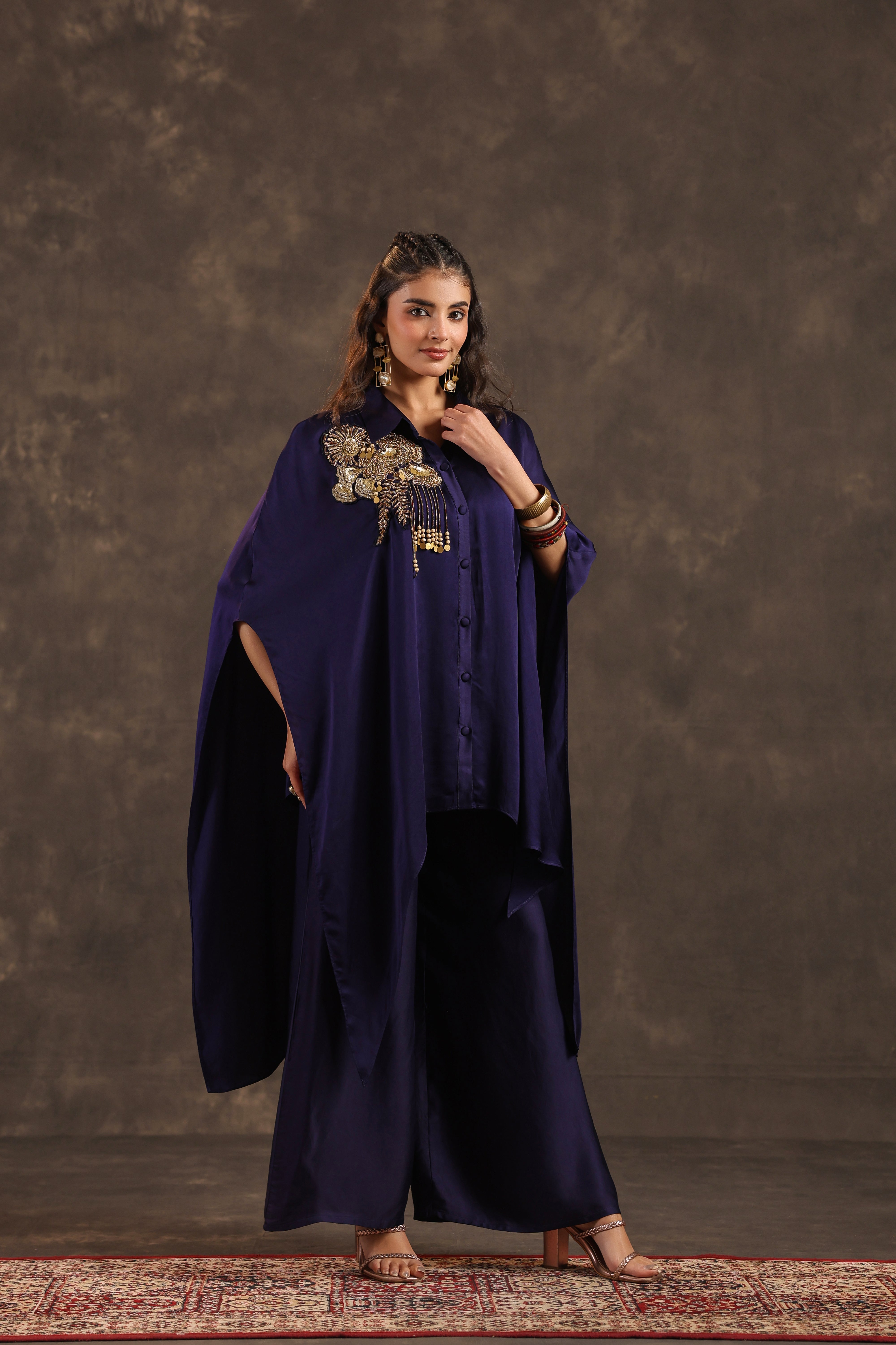 Metallic Indigo Embellished Modal Satin Silk Co-Ord Set