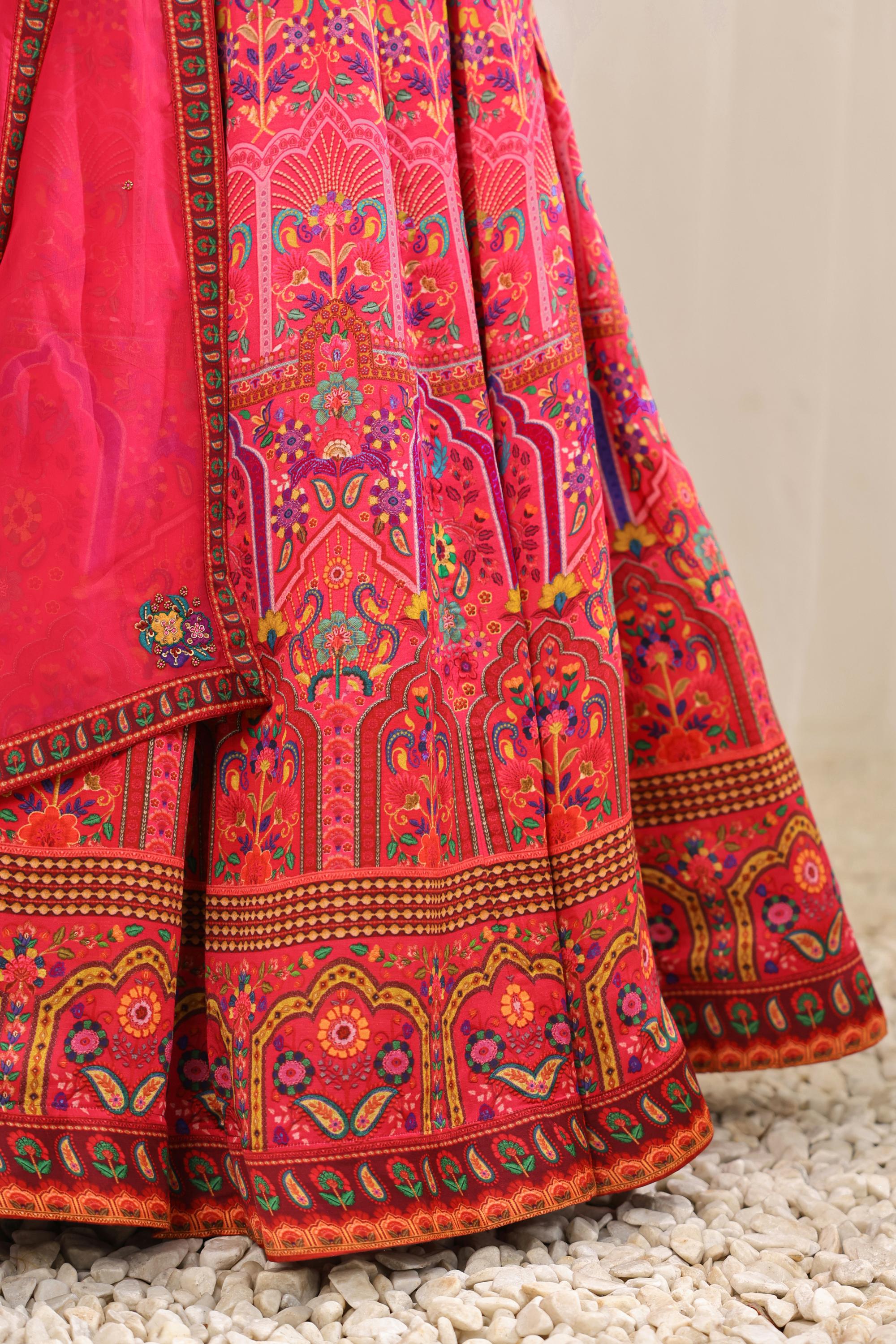 Cerise Pink Traditional Printed Premium Silk Lehenga Set