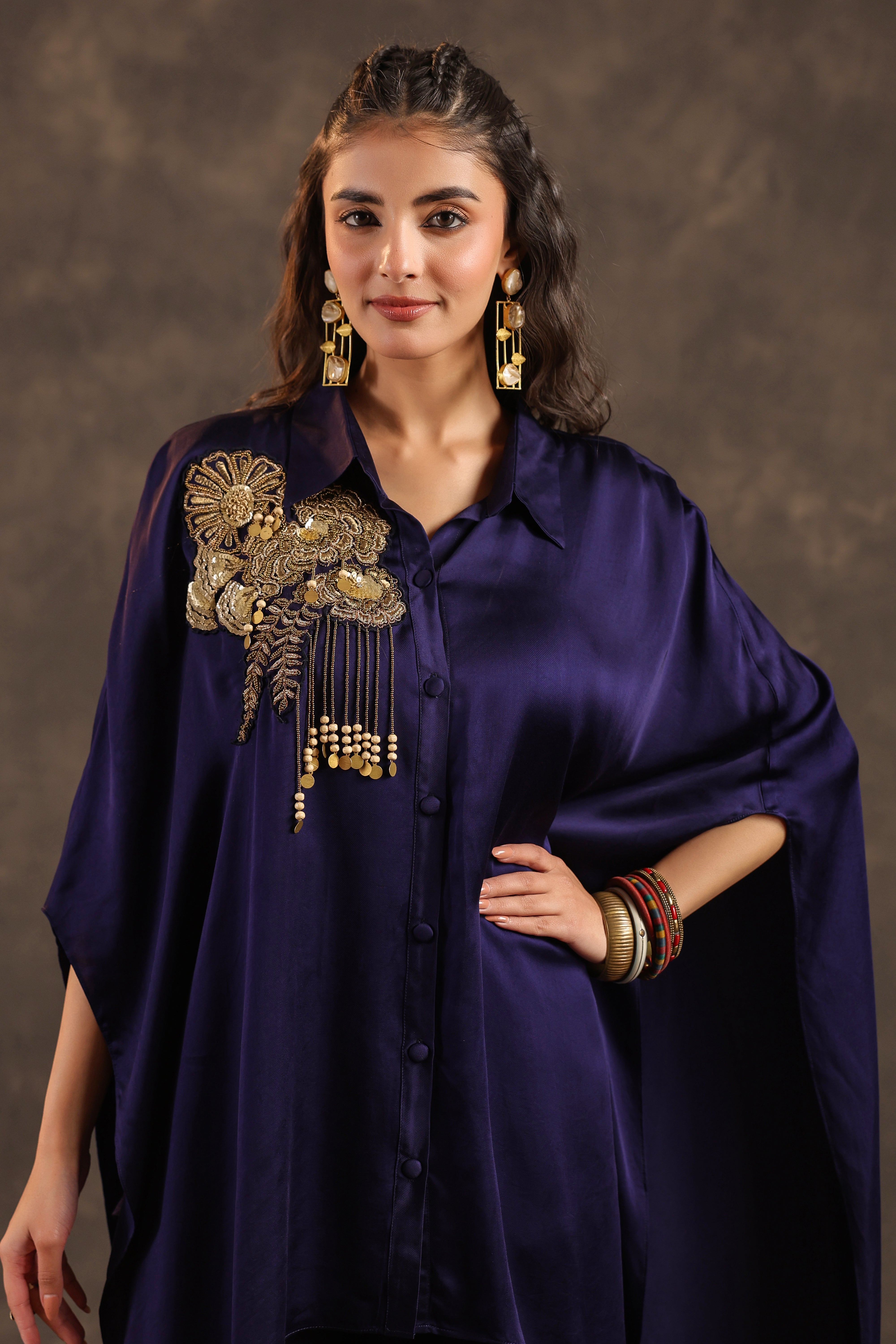 Metallic Indigo Embellished Modal Satin Silk Co-Ord Set