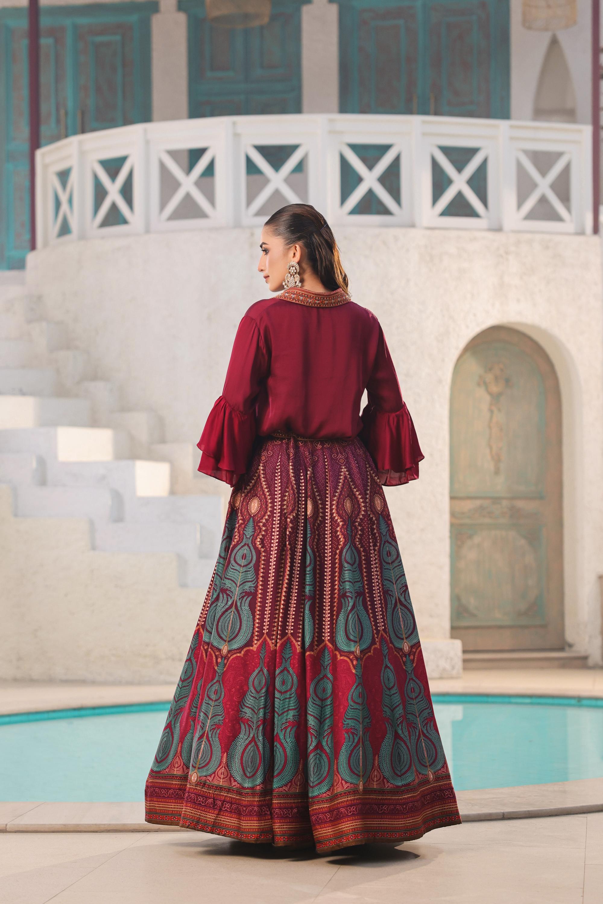 Deep Red Traditional Printed Raw Silk Skirt Set