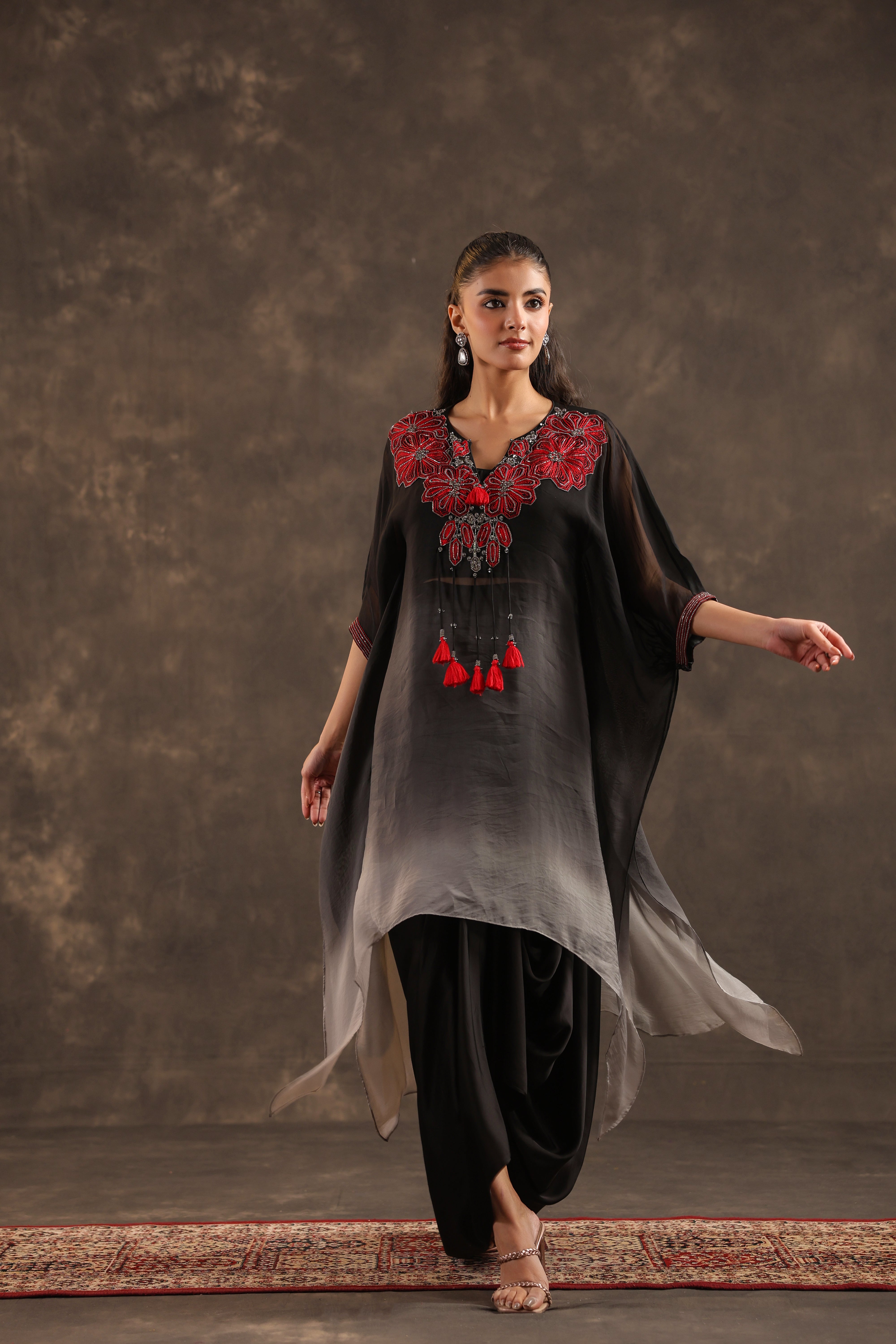 Midnight Bloom Embellished Organza Silk Skirt Set