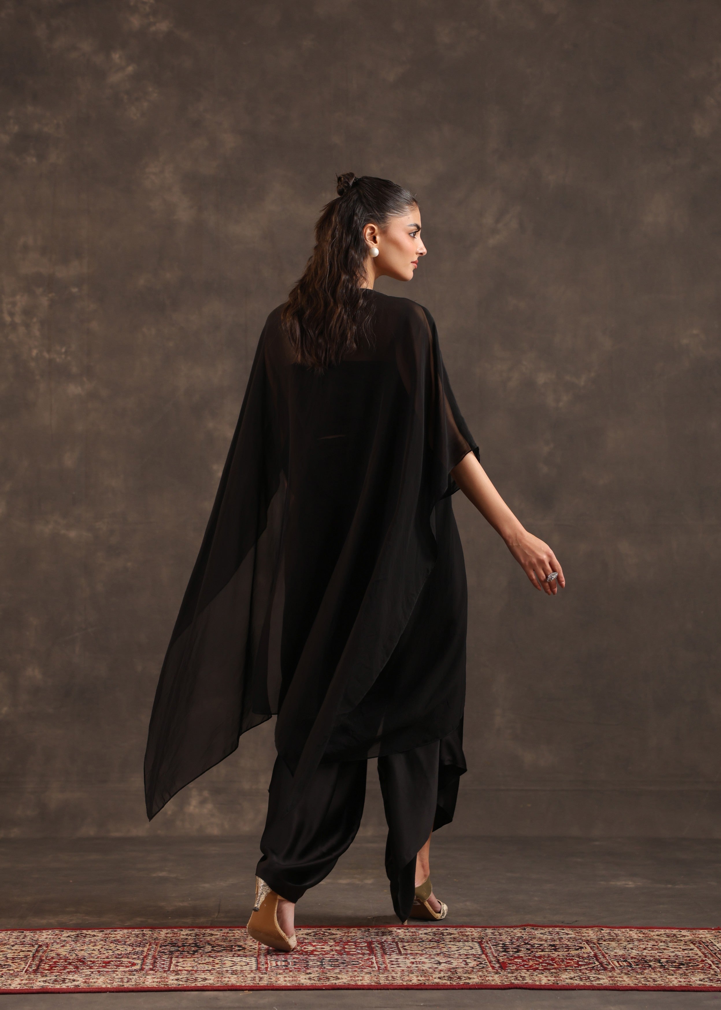 Black Cape Embellished Organza Silk Kurta Set