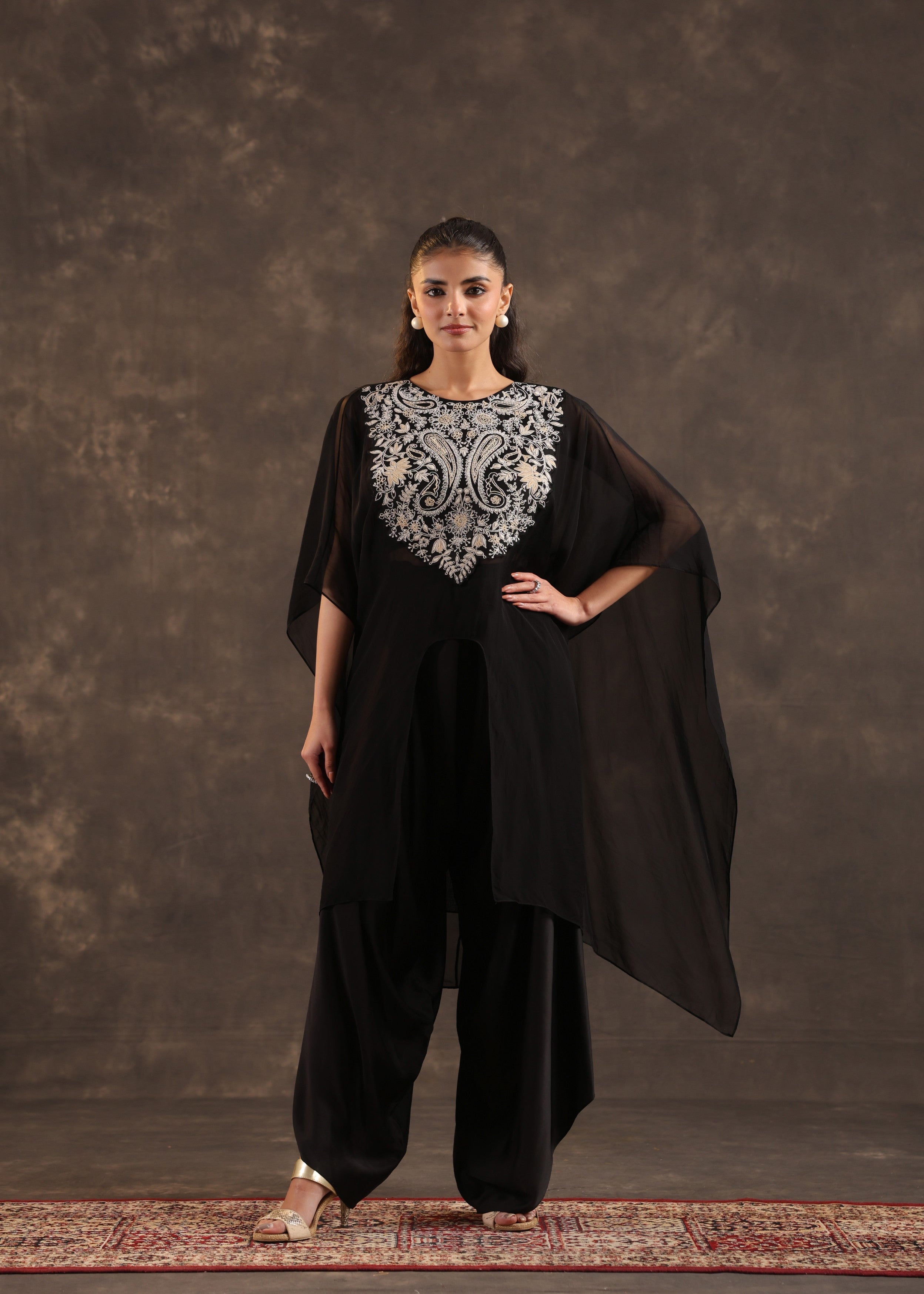 Black Cape Embellished Organza Silk Kurta Set
