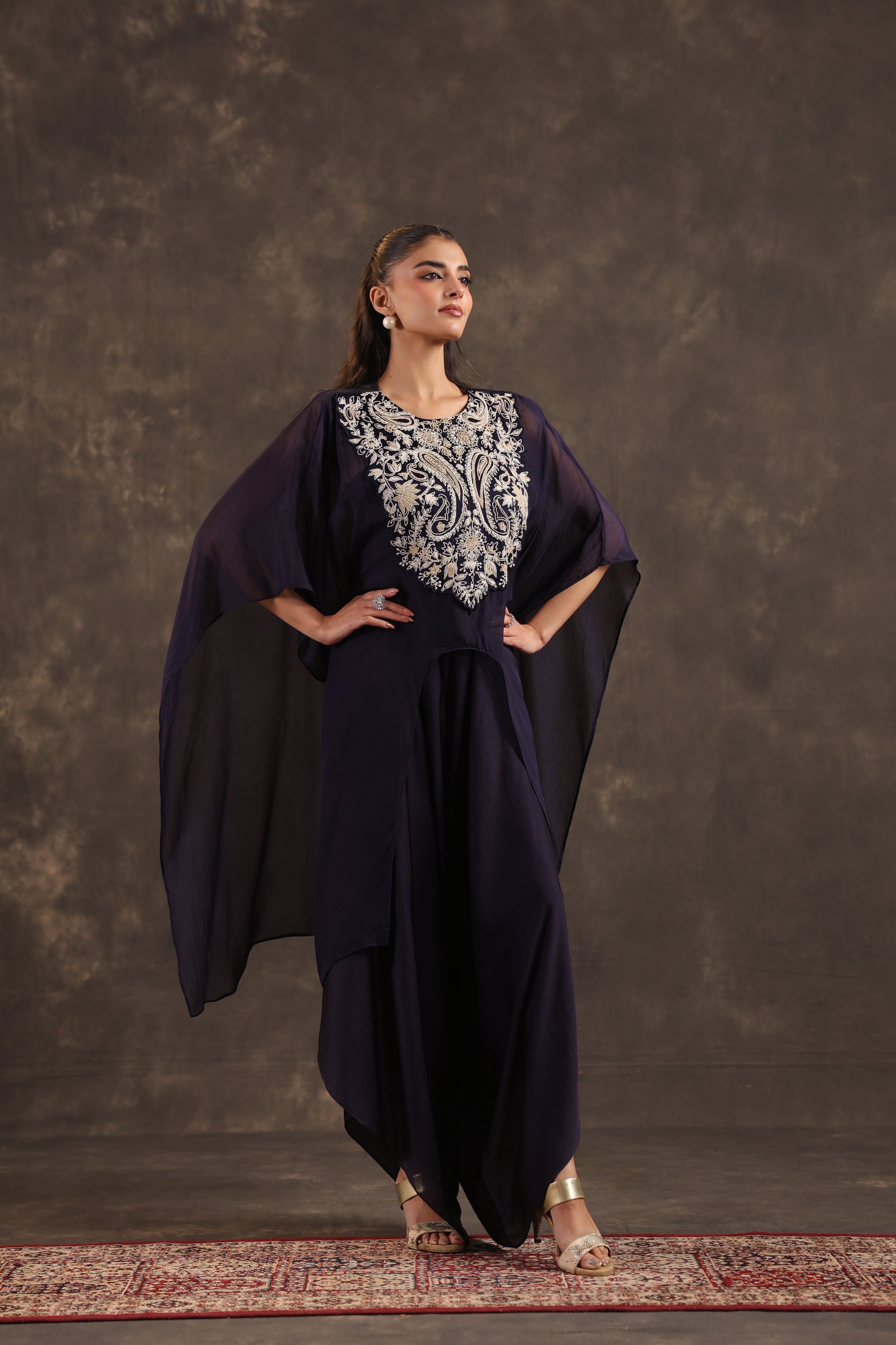 Blue Cape Embellished Organza Silk Kurta Set