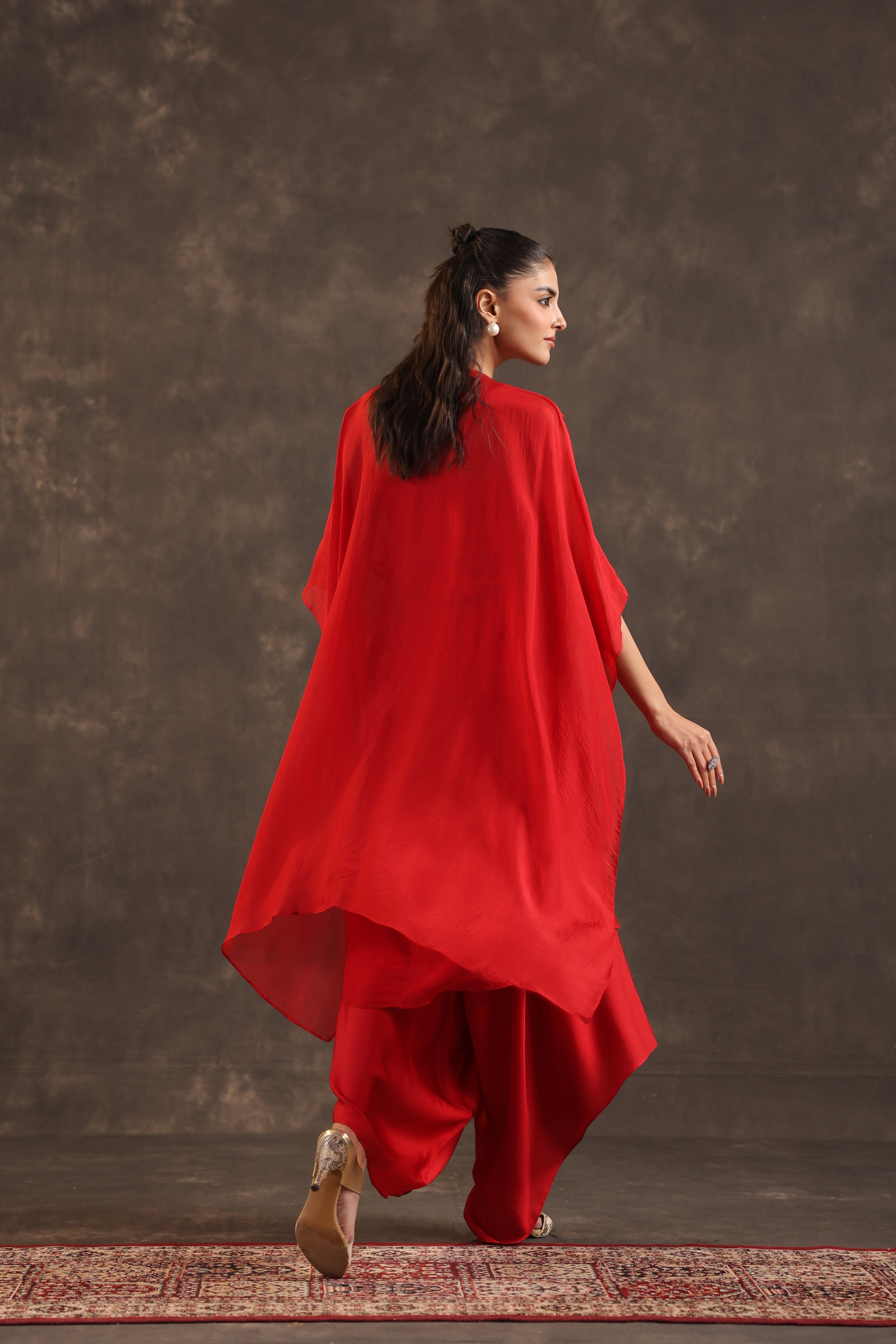 Red Cape Embellished Organza Silk Kurta Set