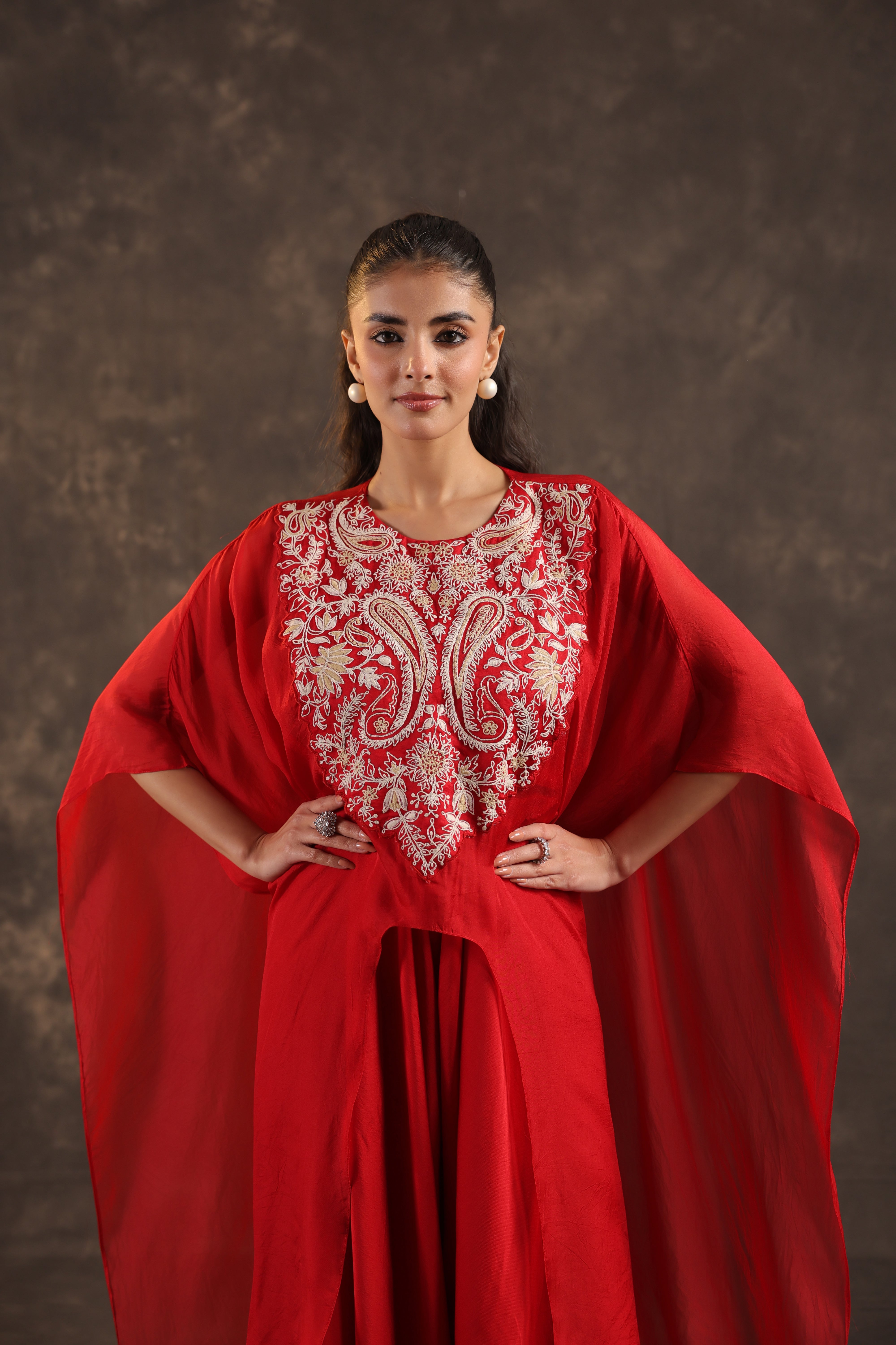 Red Cape Embellished Organza Silk Kurta Set