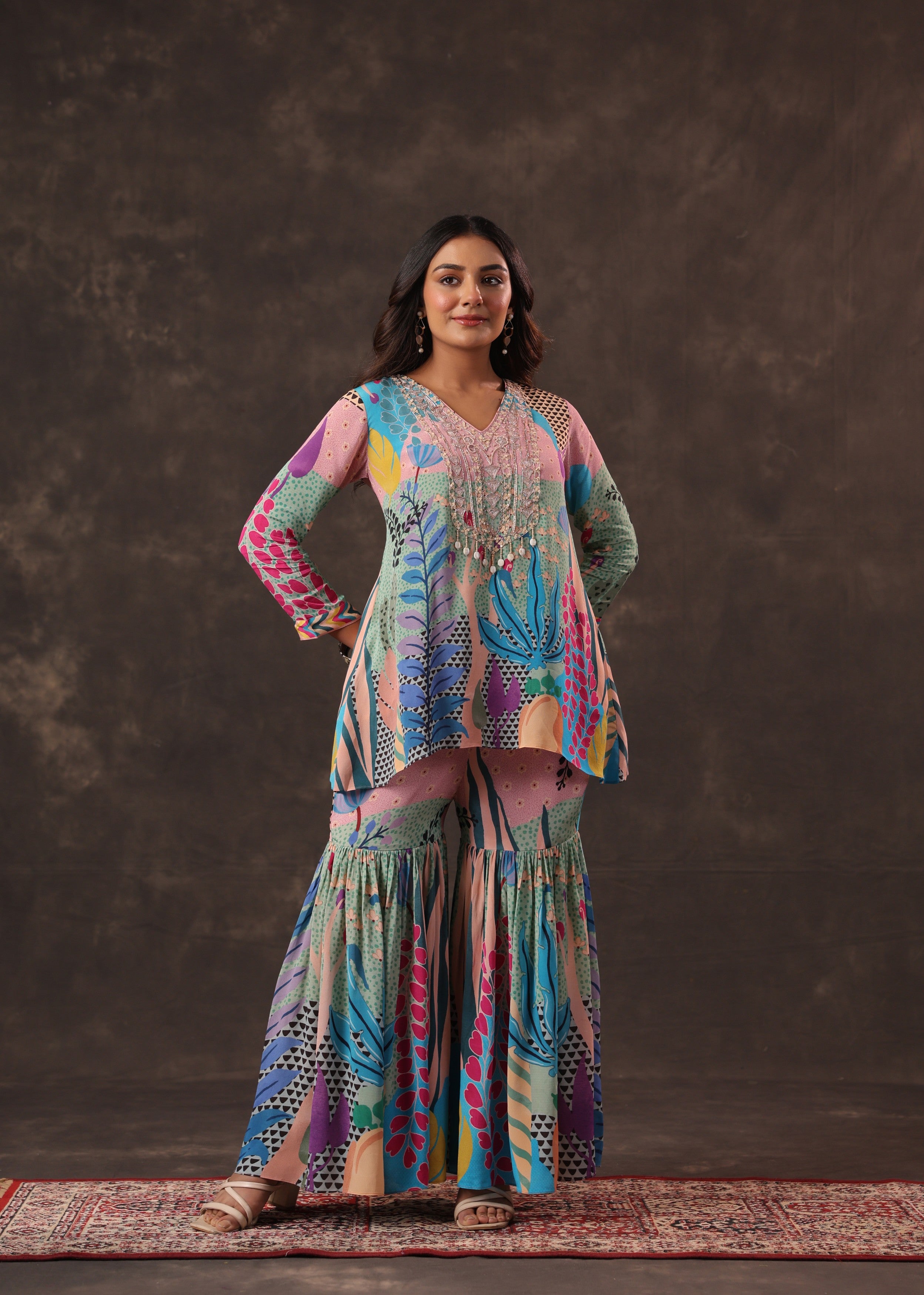 Candy Pastel Printed Crepe Silk Sharara Set