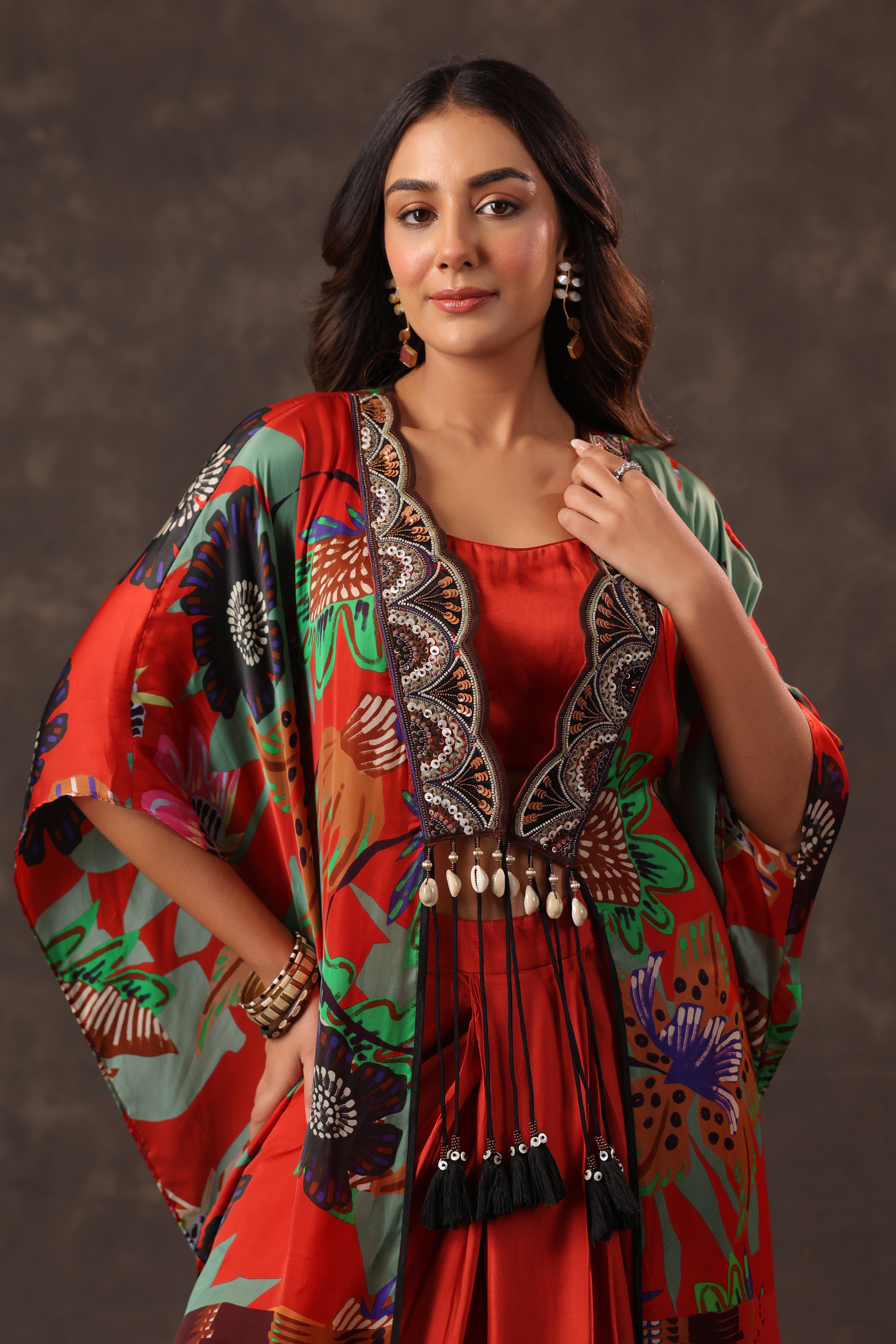 Scarlet Botanical Printed Satin Silk Cape Set