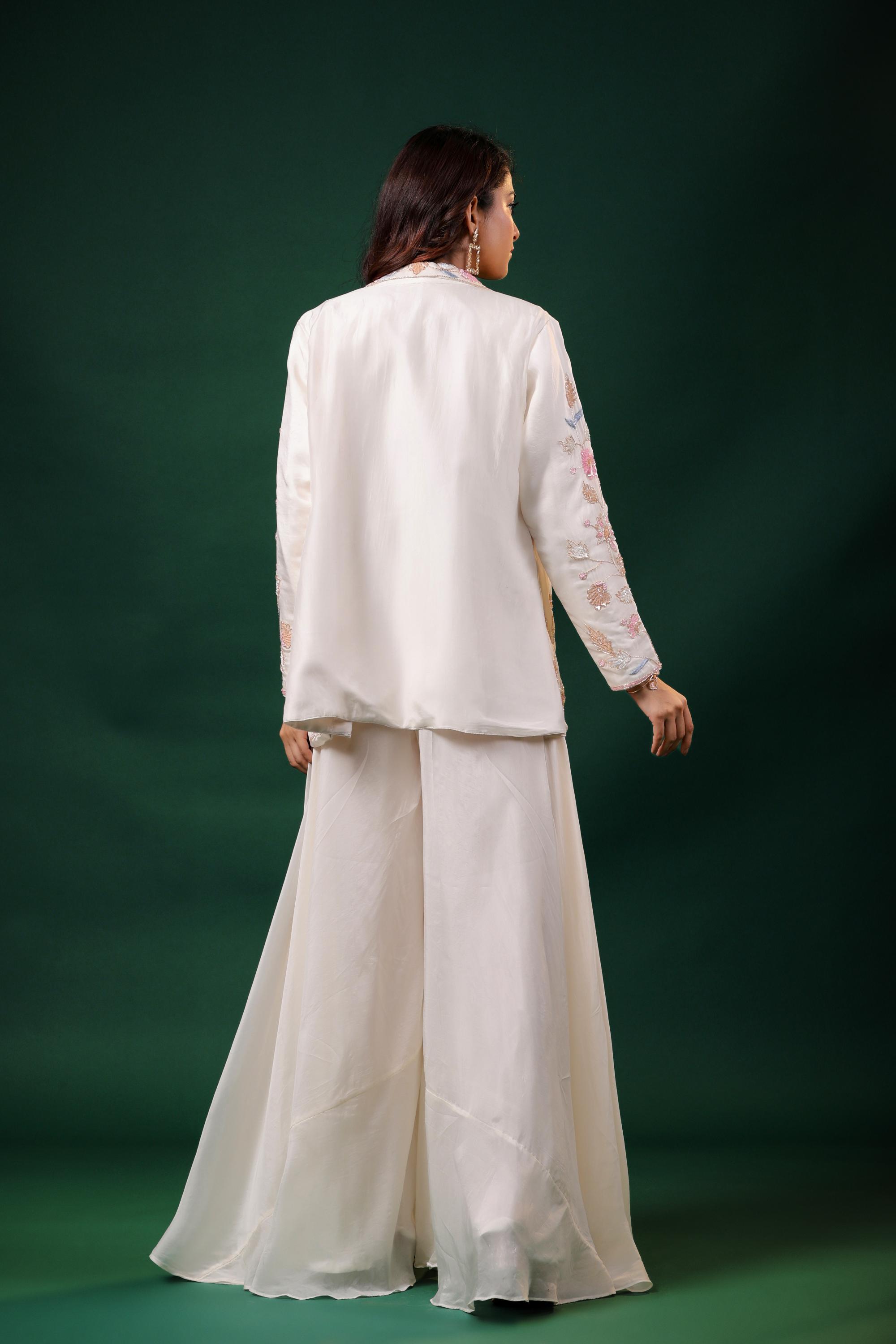 Ivory Embellished Premium Silk Jacket-Palazzo Set