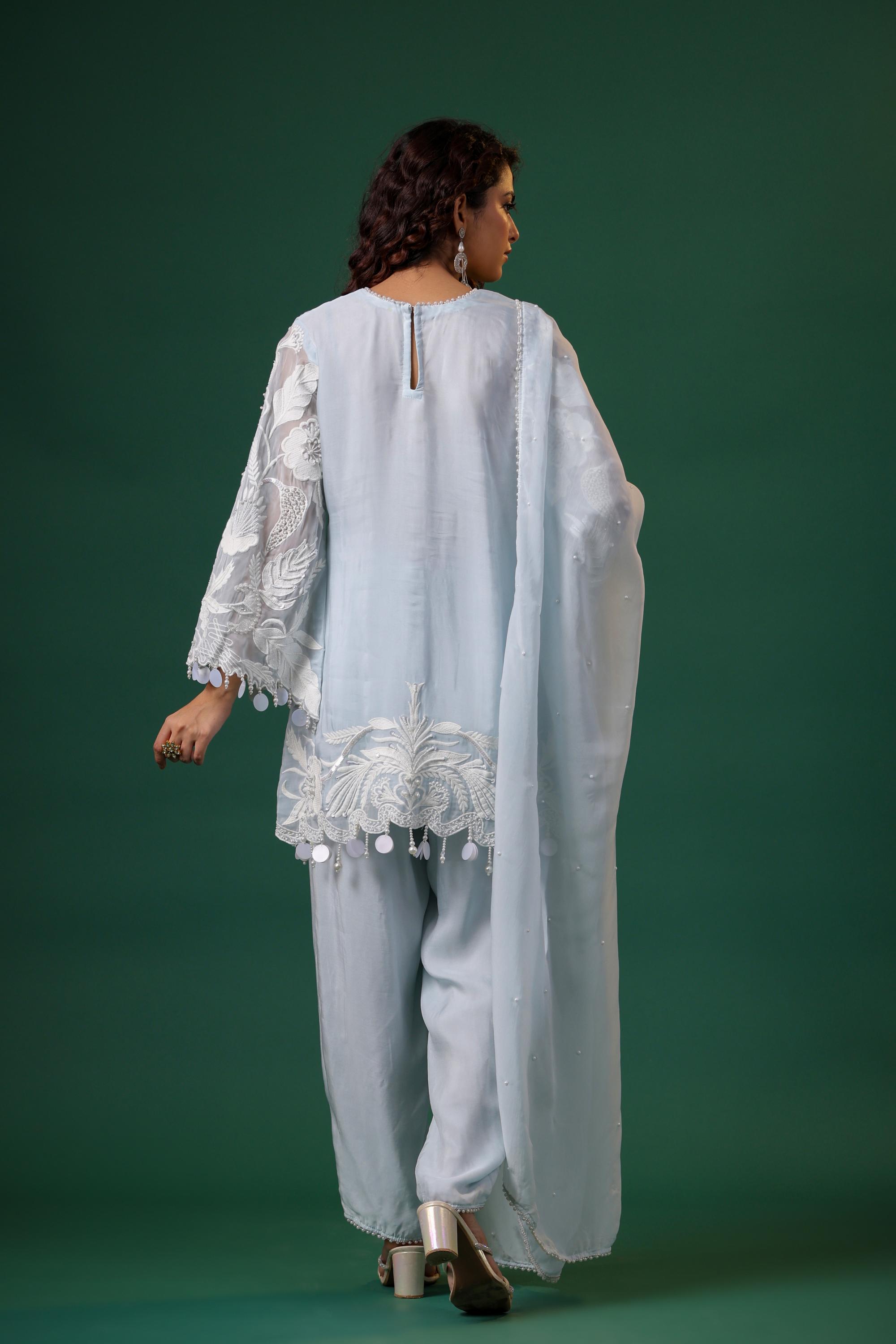 Pastel Blue Embroidered Premium Organza Silk Pants Set