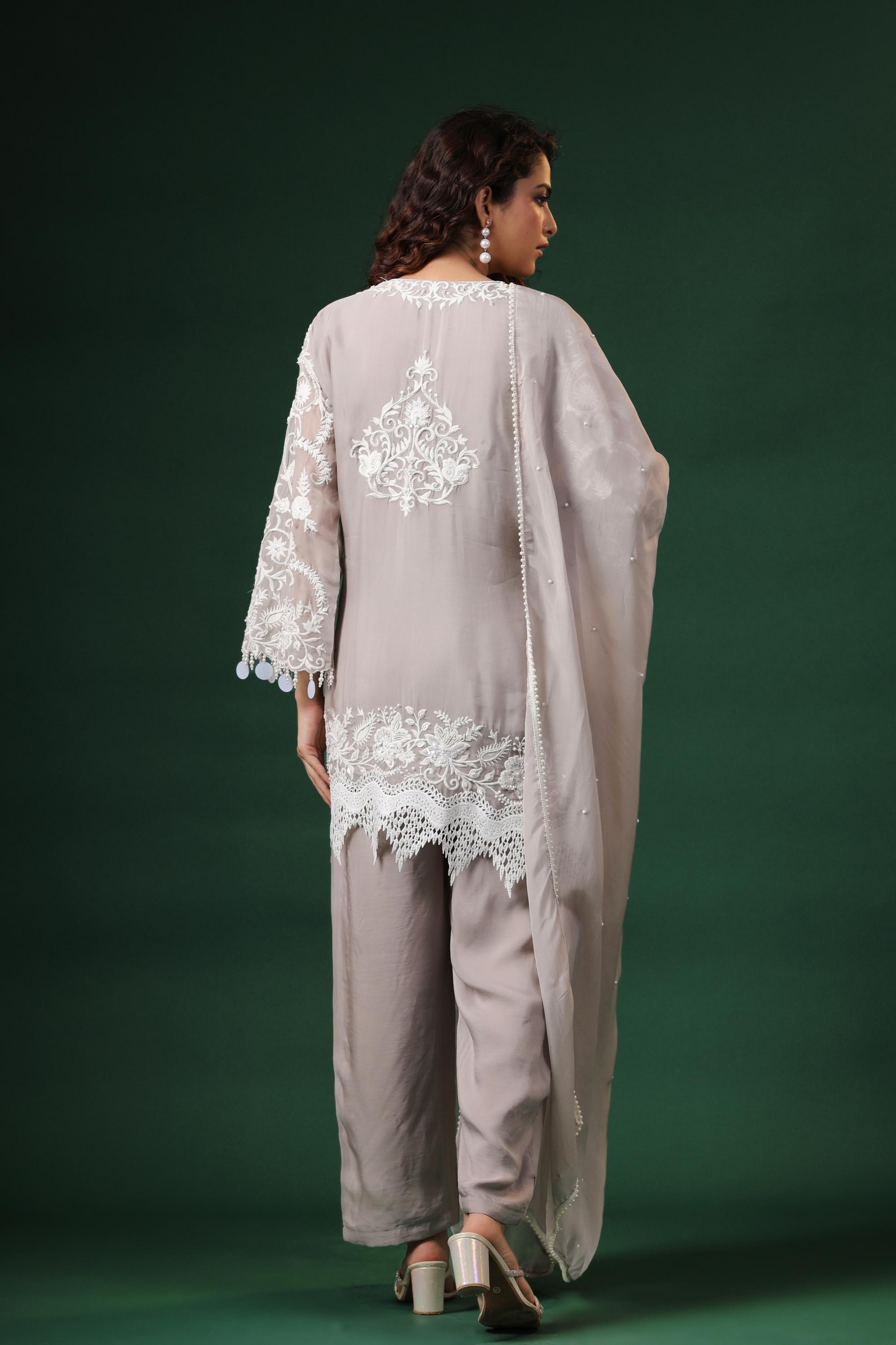 Vintage Mauve Embroidered Premium Organza Silk Pants Set
