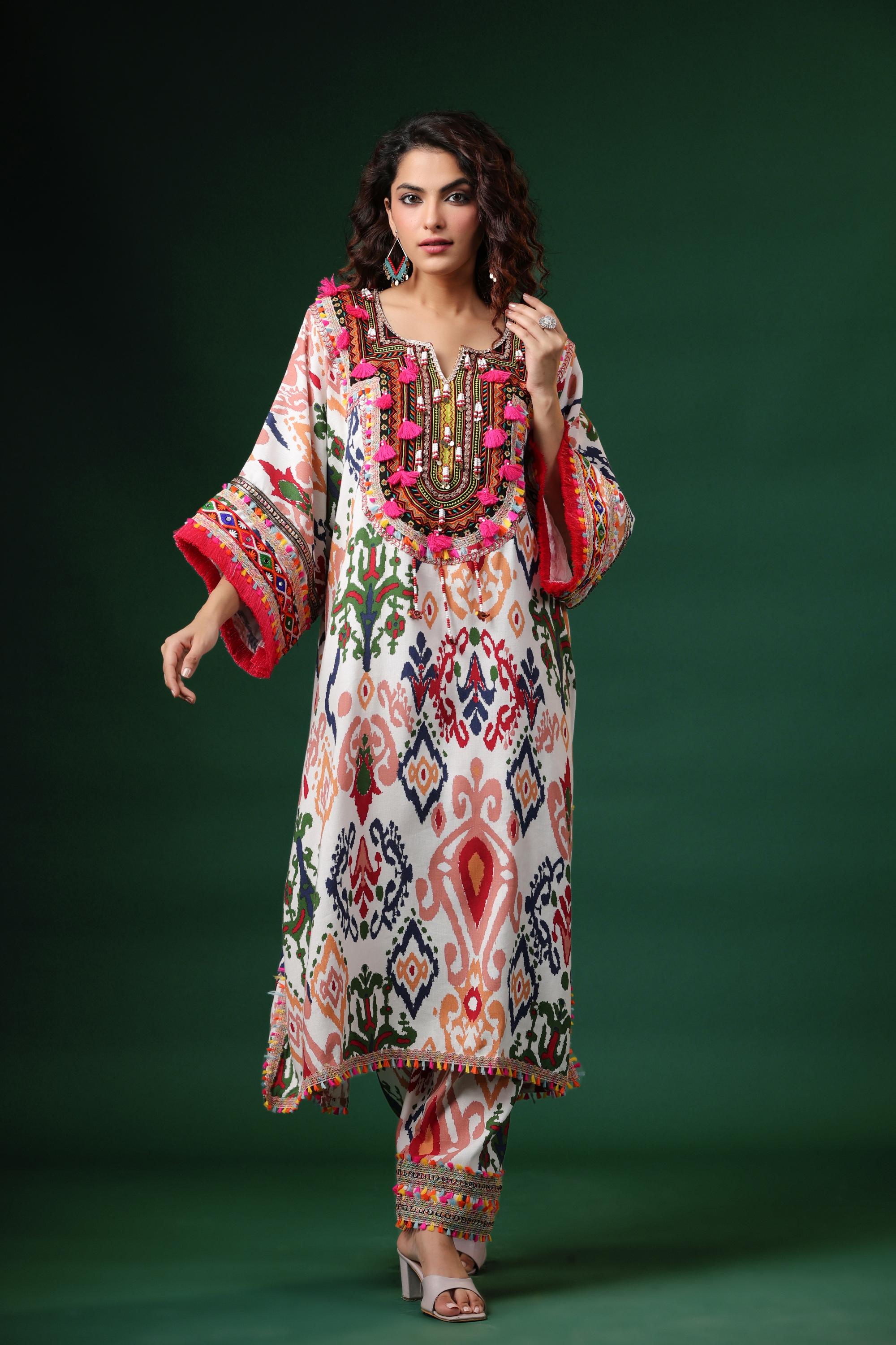 White Digital Printed Belgium Linen Kurta & Pants Set