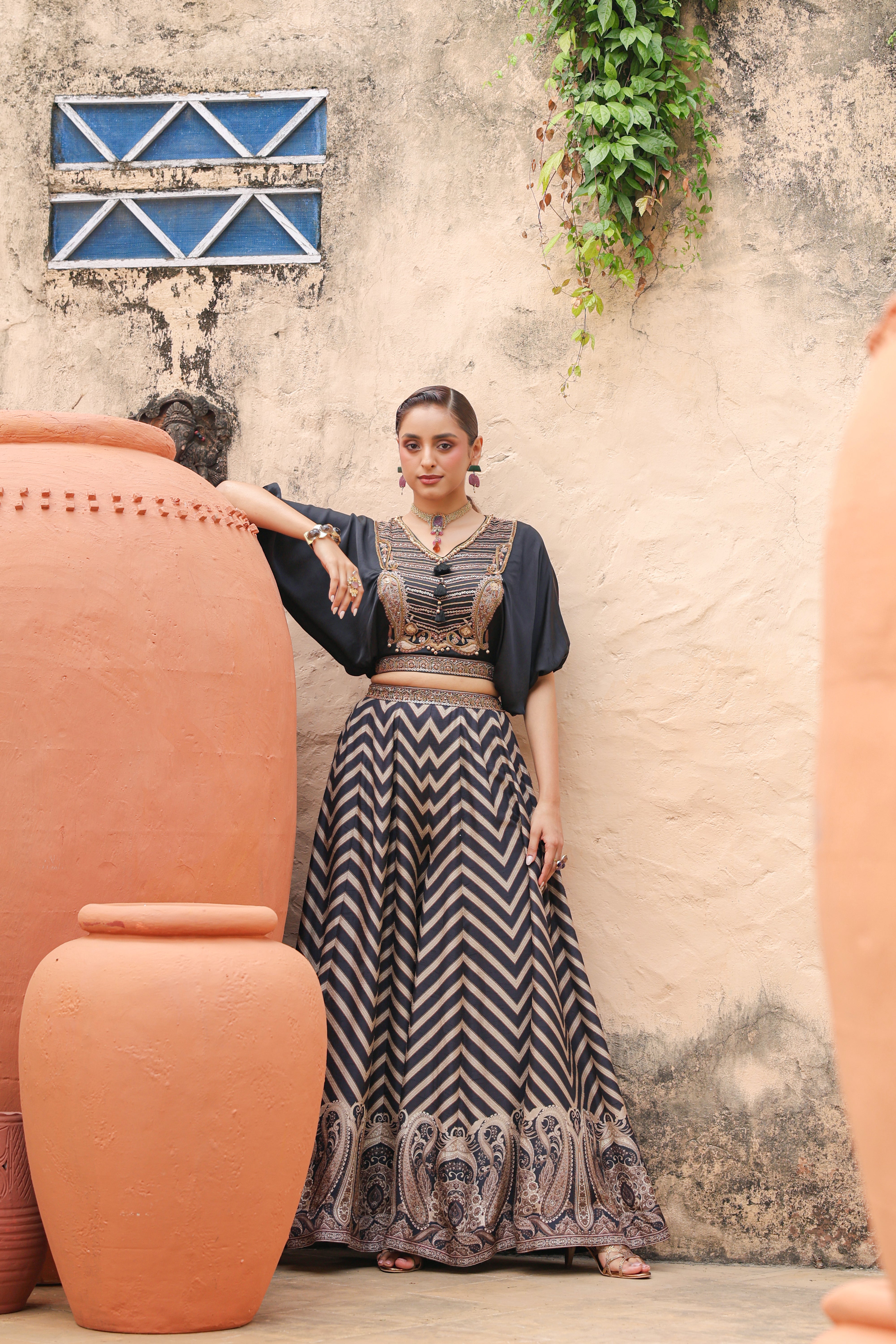 Obsidian Black Embellished Raw Silk Palazzo Set