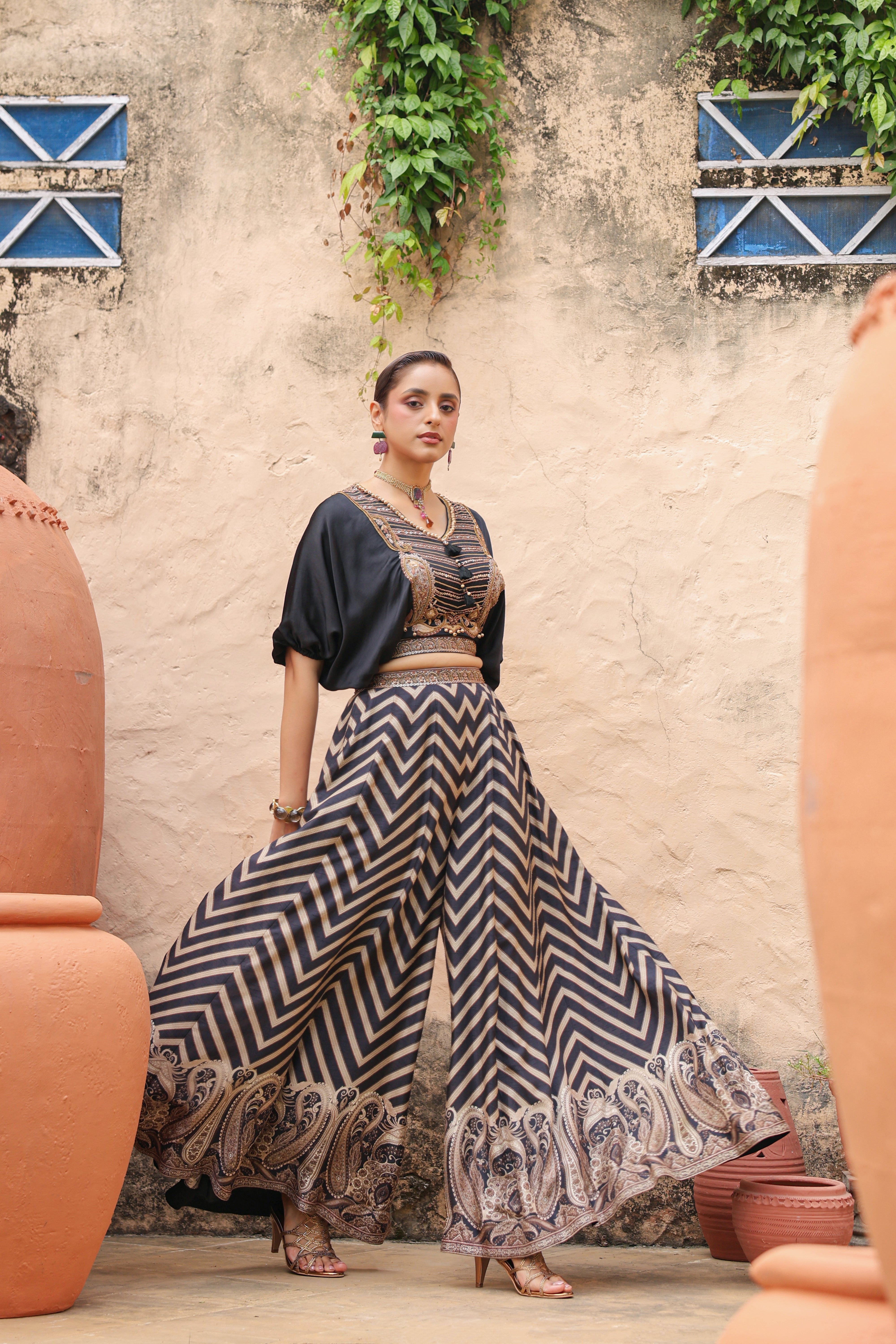 Obsidian Black Embellished Raw Silk Palazzo Set