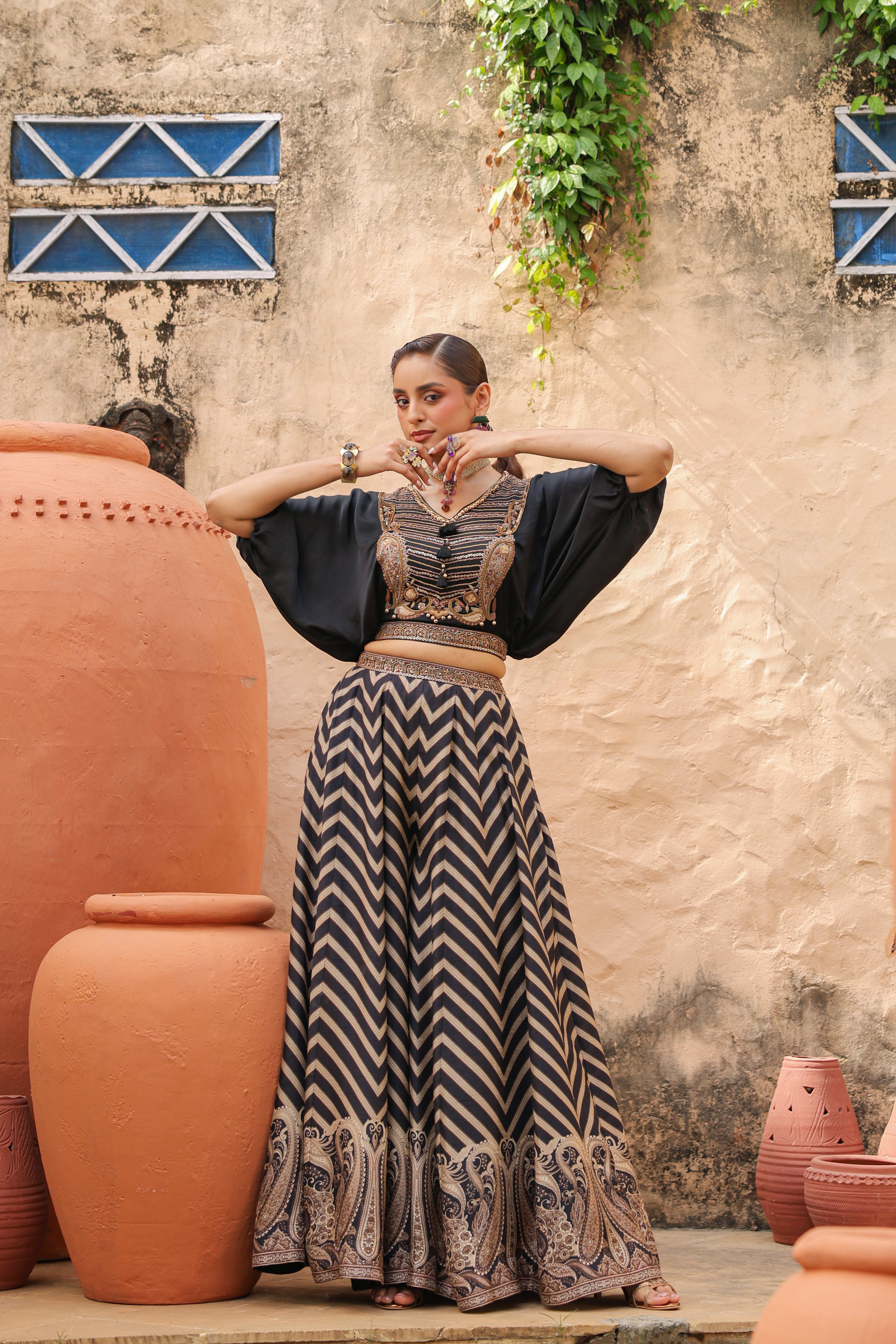 Obsidian Black Embellished Raw Silk Palazzo Set