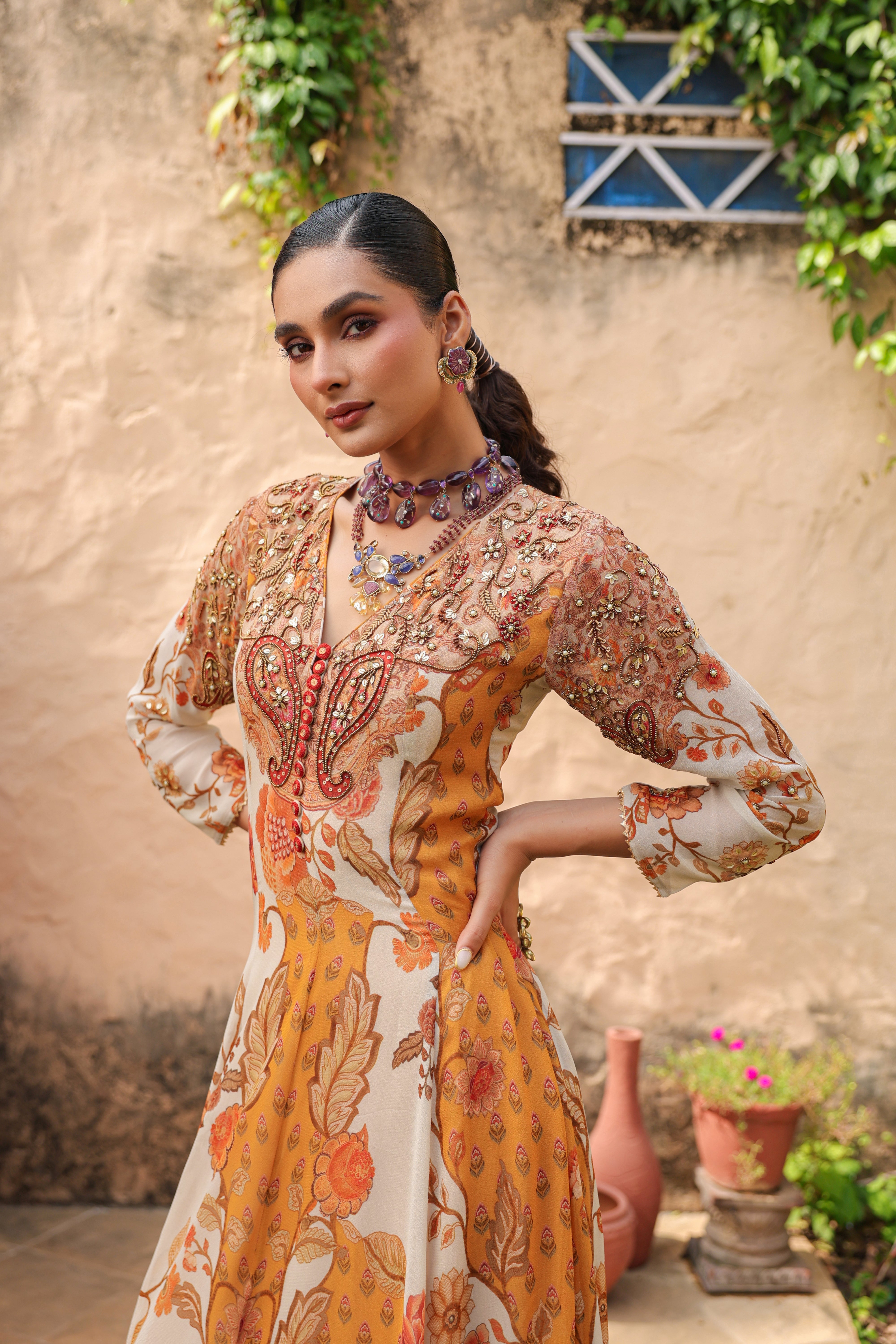 Ivory Amber Embellished Georgette Silk Anarkali Gown