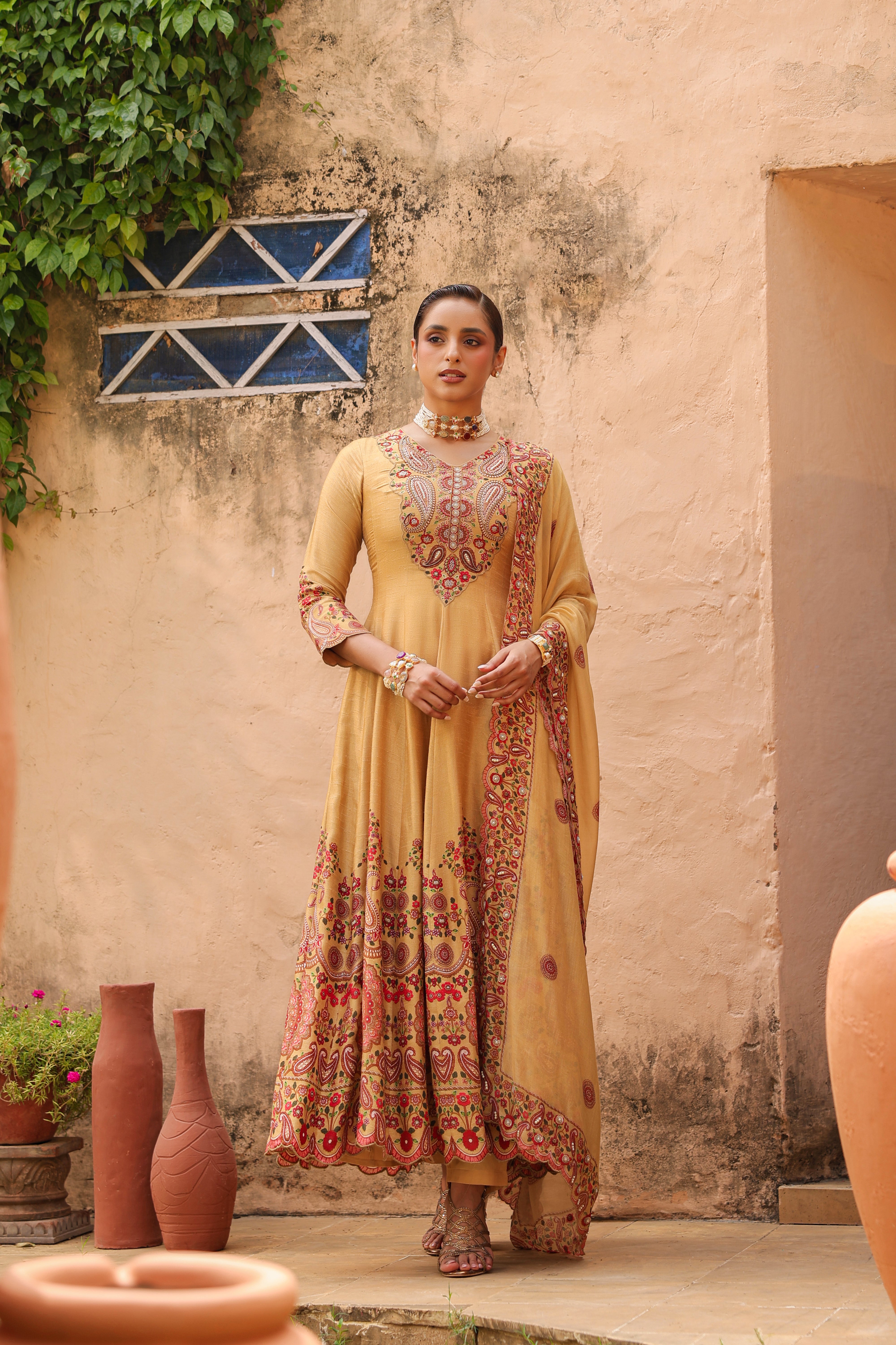 Mustard Glow Embellished Raw Silk Anarkali Set