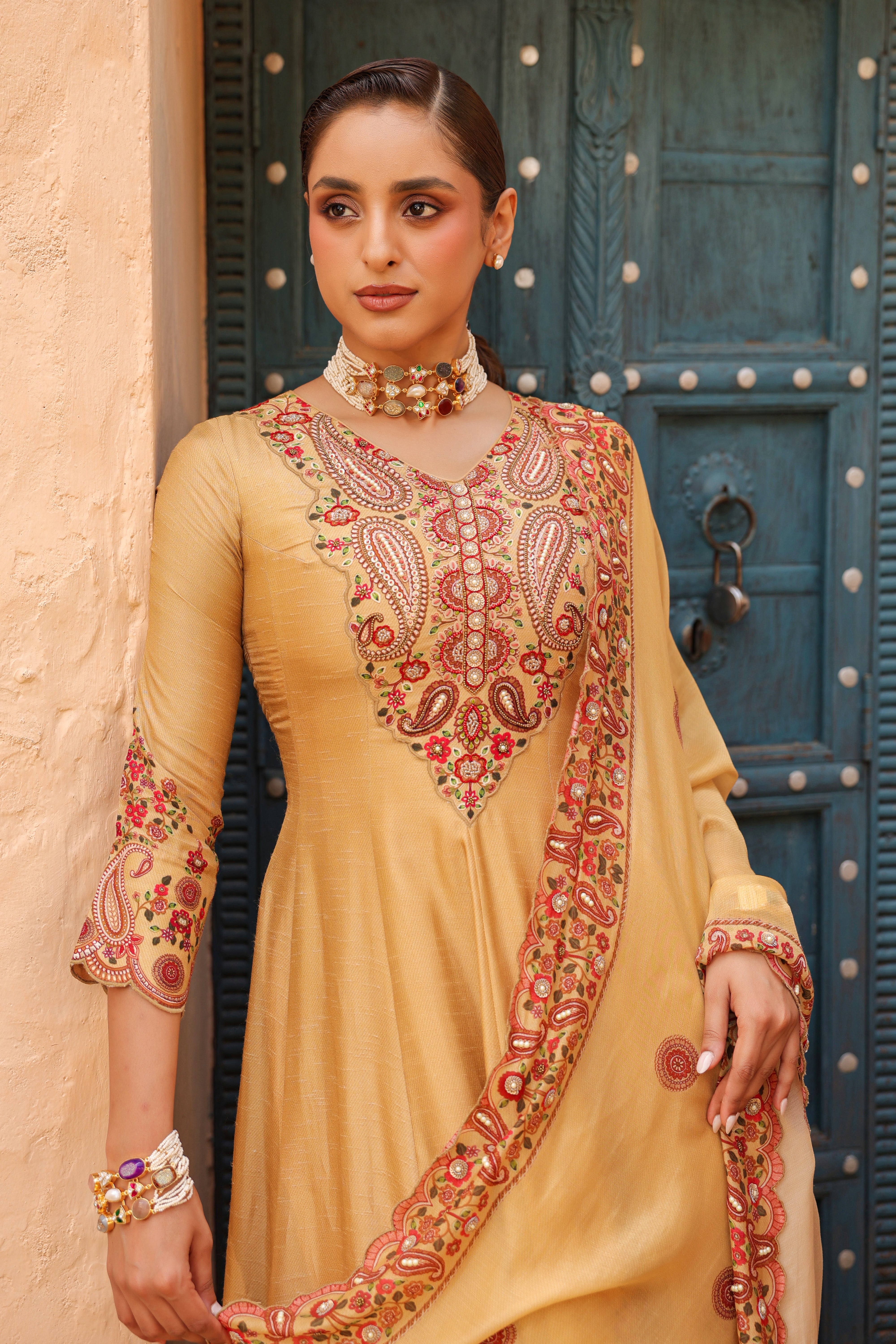 Mustard Glow Embellished Raw Silk Anarkali Set