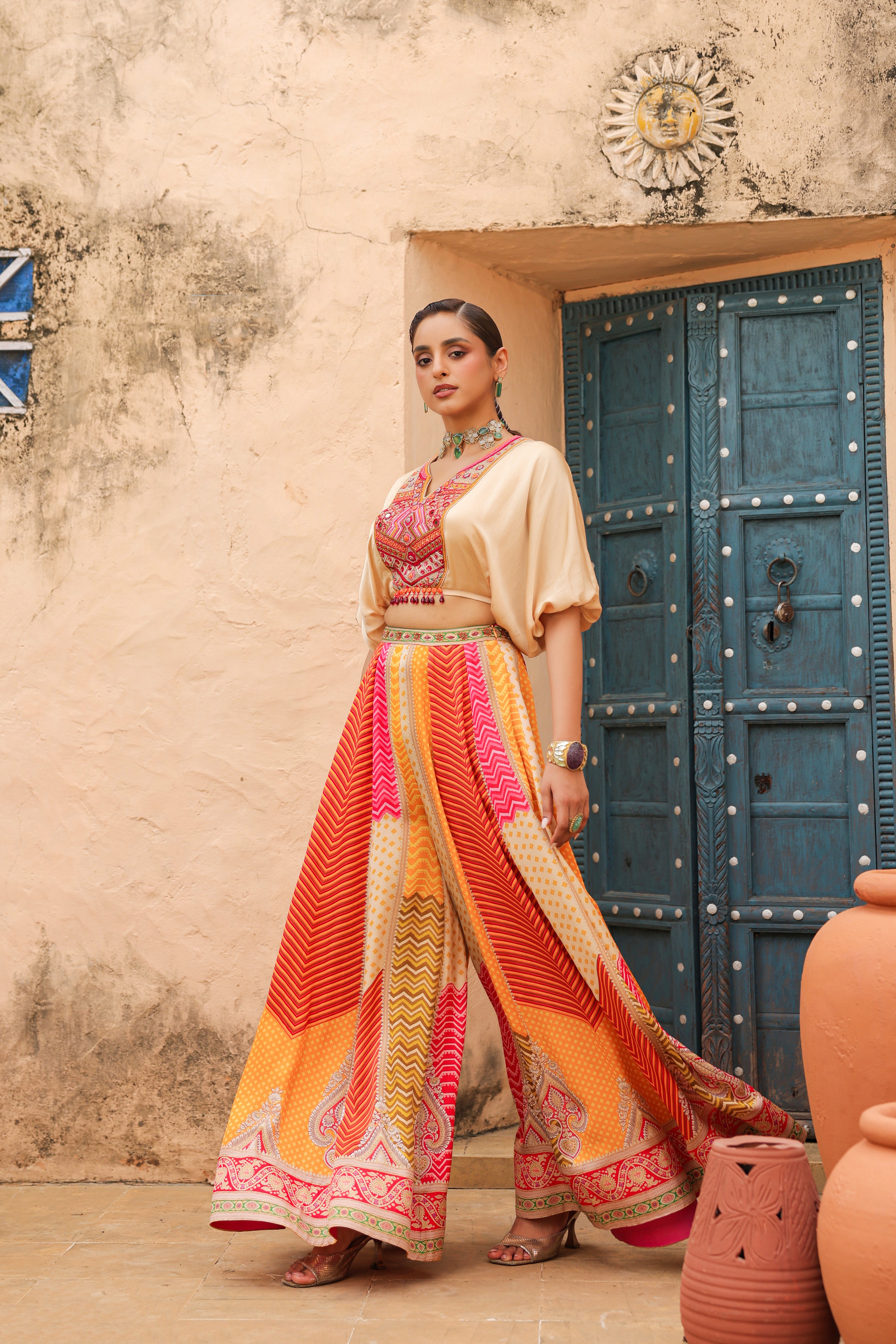 Multi Beige Embellished Satin Silk Co-Ord Set