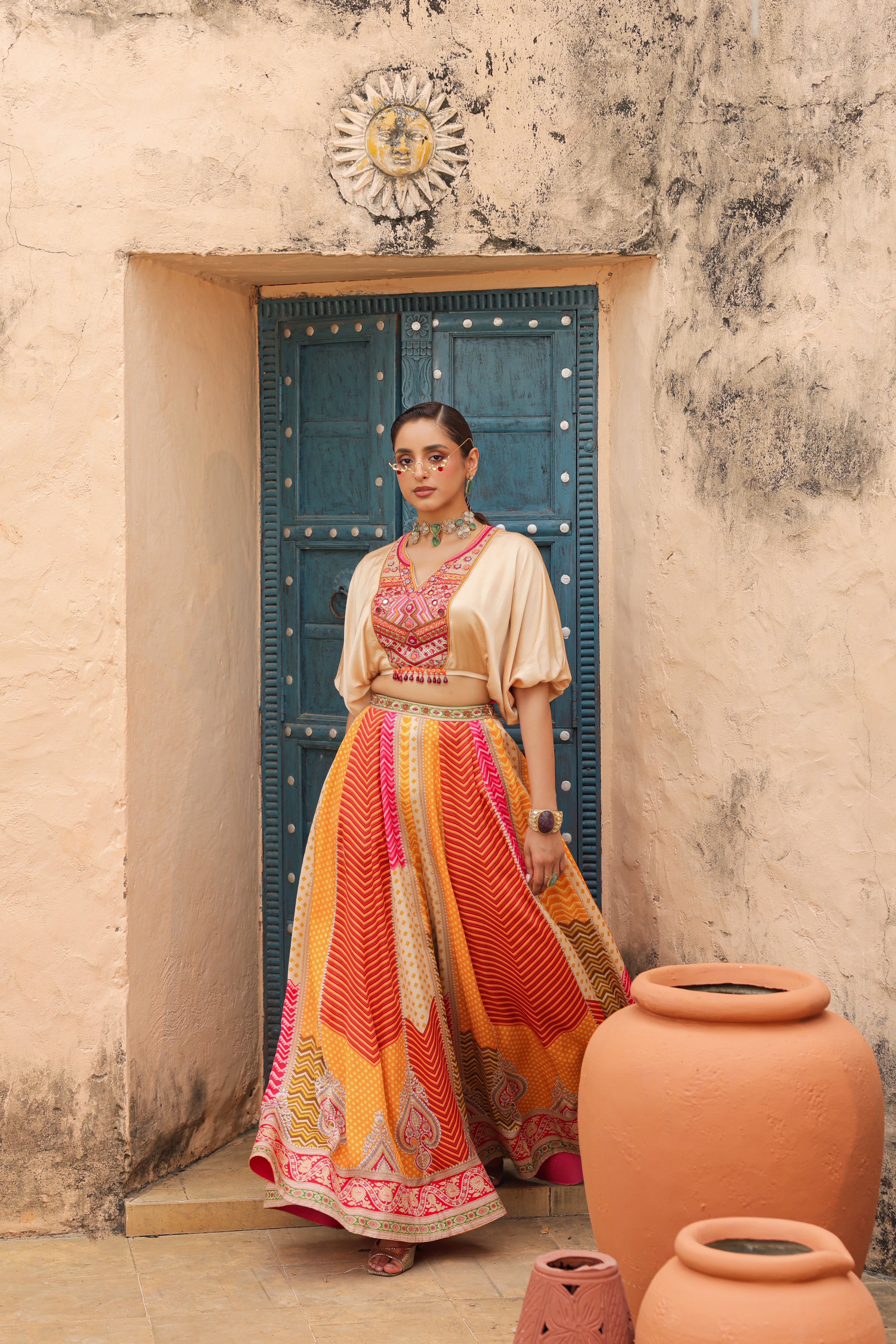 Multi Beige Embellished Satin Silk Co-Ord Set