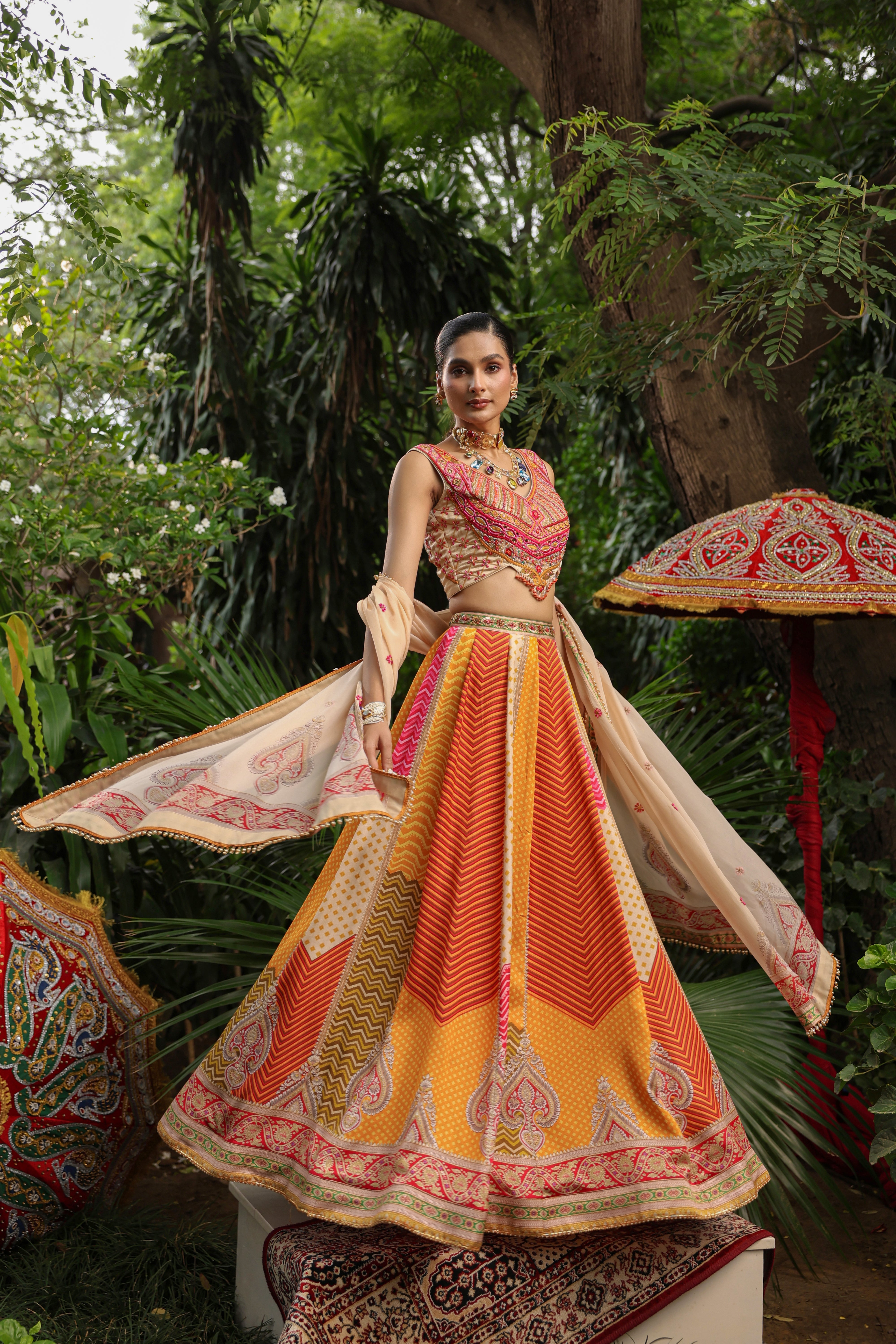 Sunset Hue Embellished Satin Silk Lehenga Set