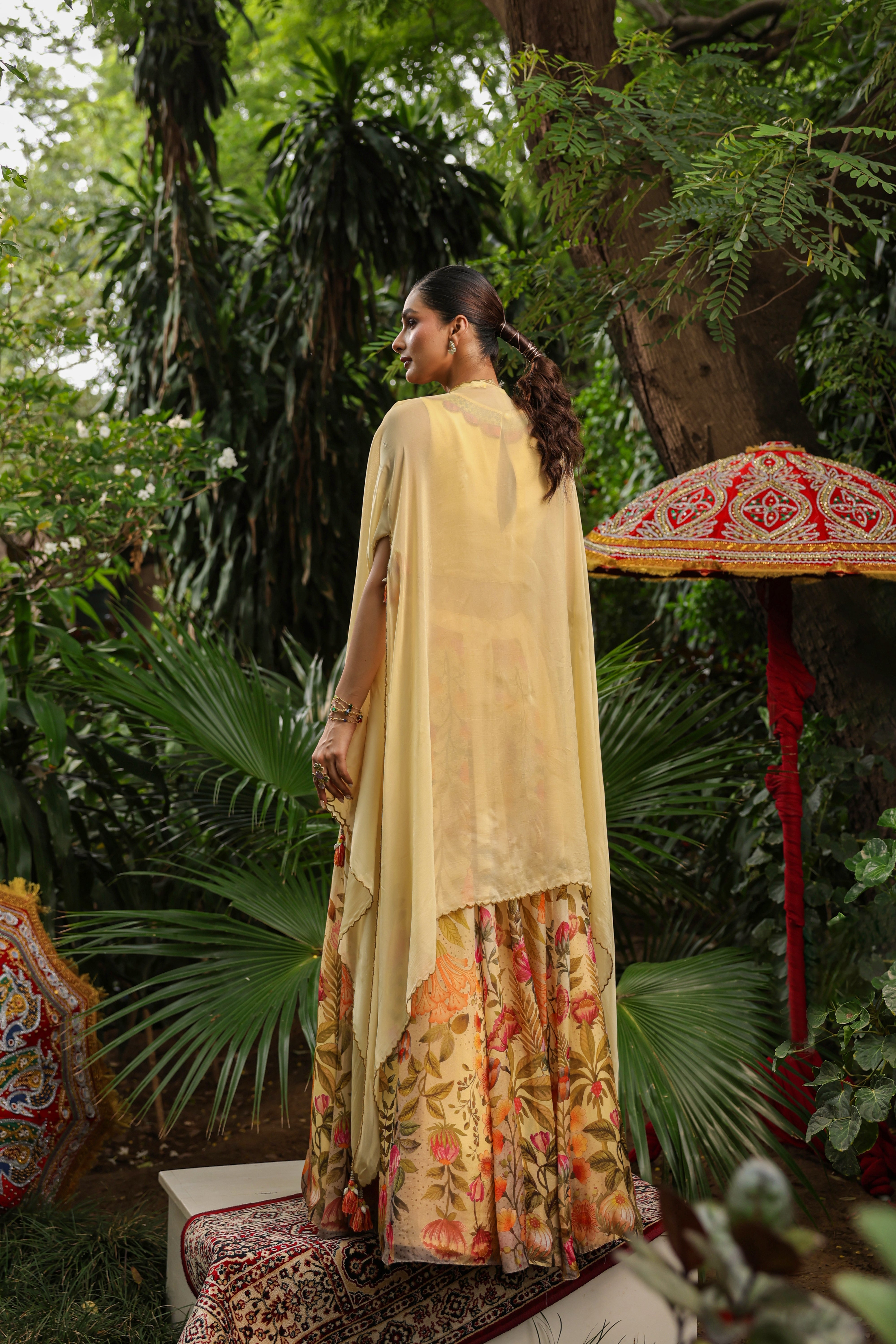 Primrose Yellow Embellished Organza Silk Cape Lehenga Set