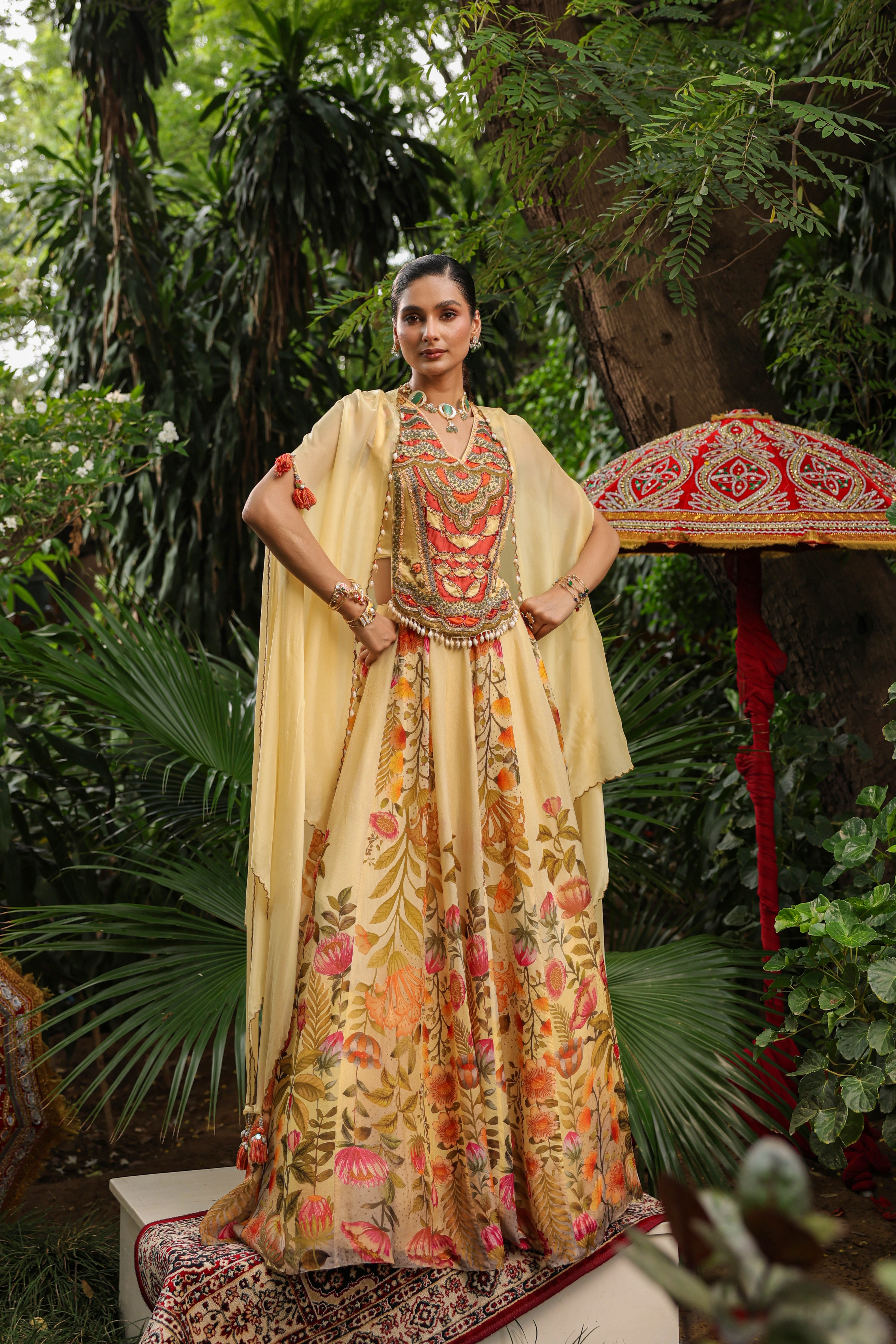 Primrose Yellow Embellished Organza Silk Cape Lehenga Set