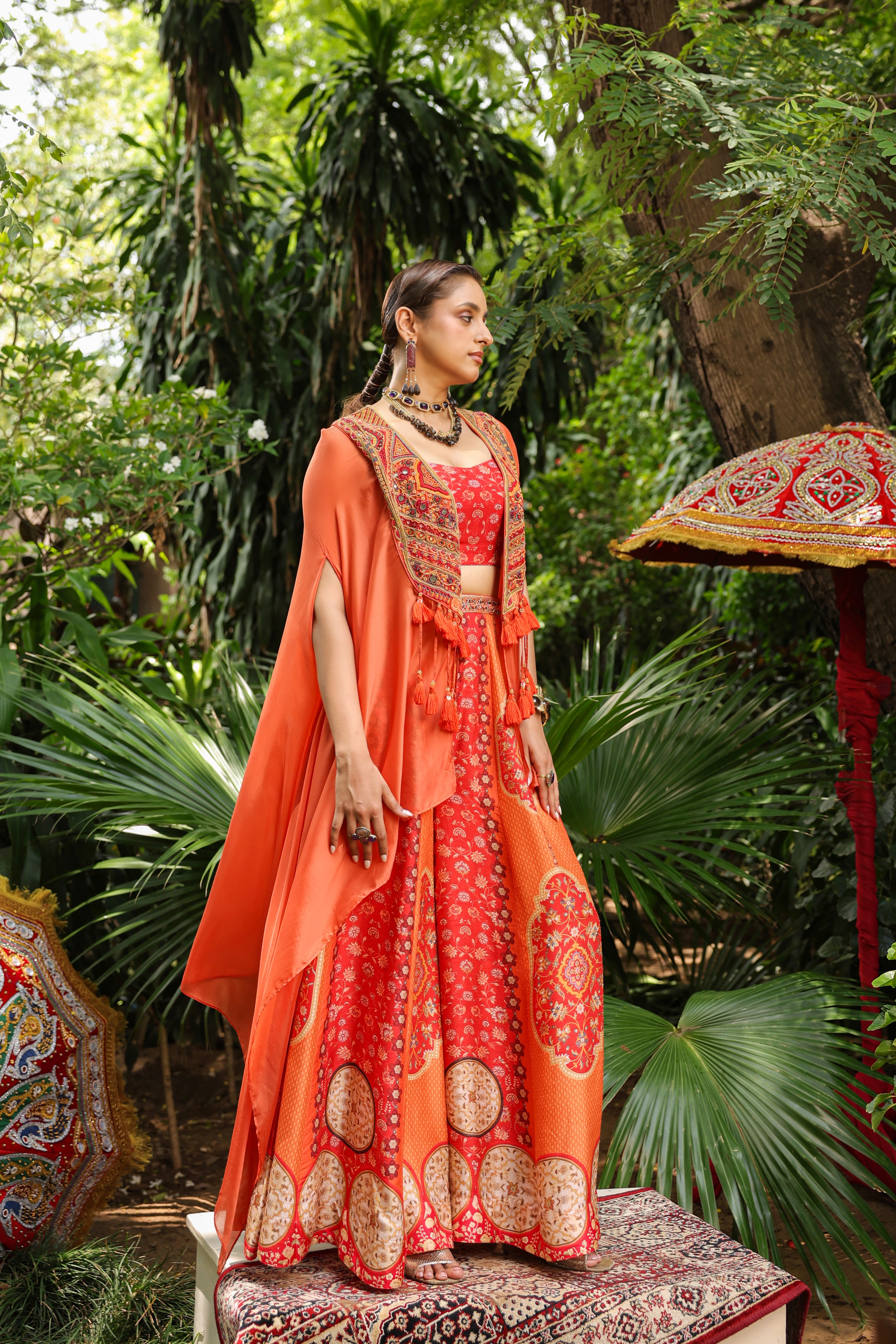 Coral Red Embellished Raw Silk Cape Set
