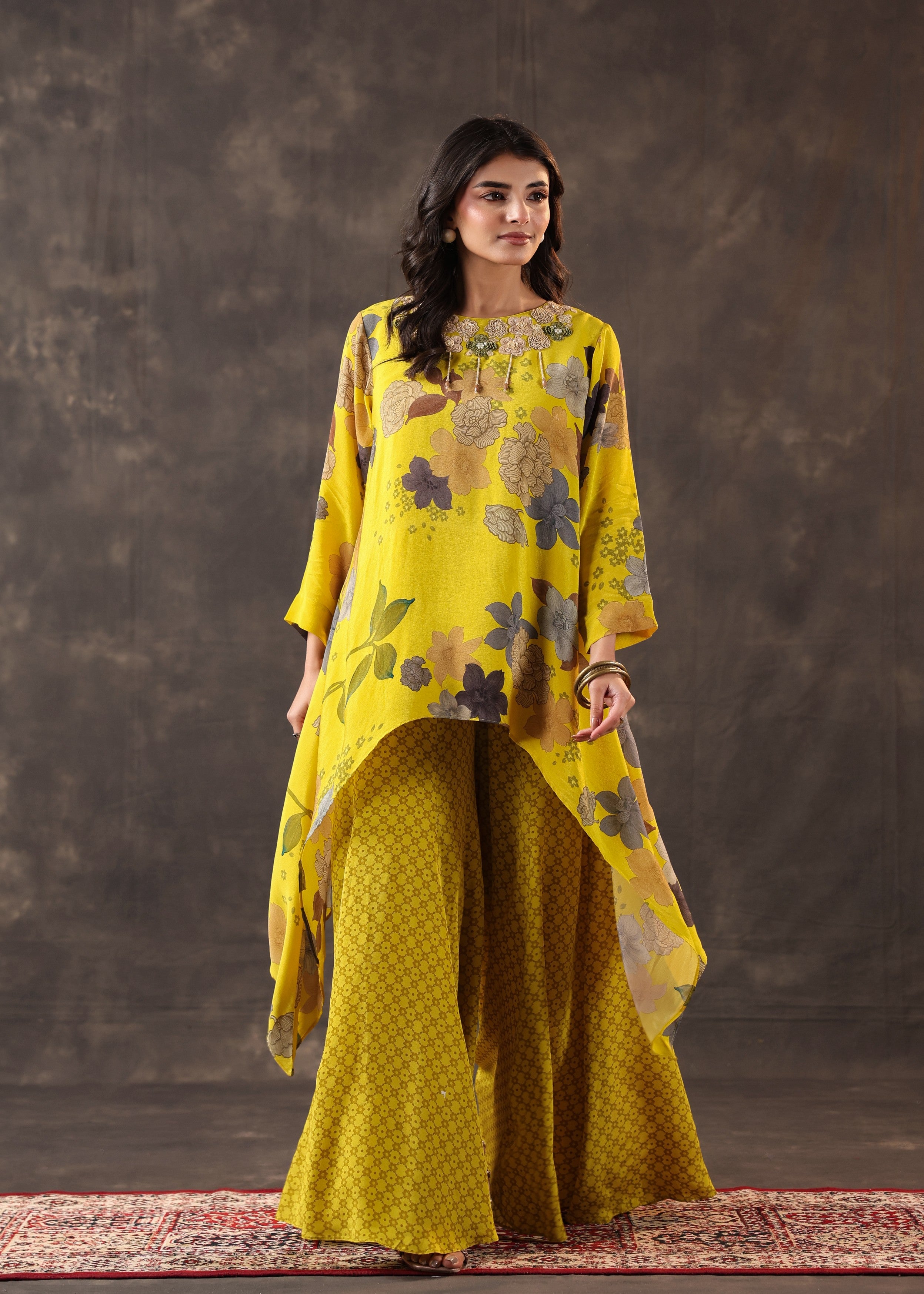 Yellow Bloom Printed Crepe Silk Palazzo Set