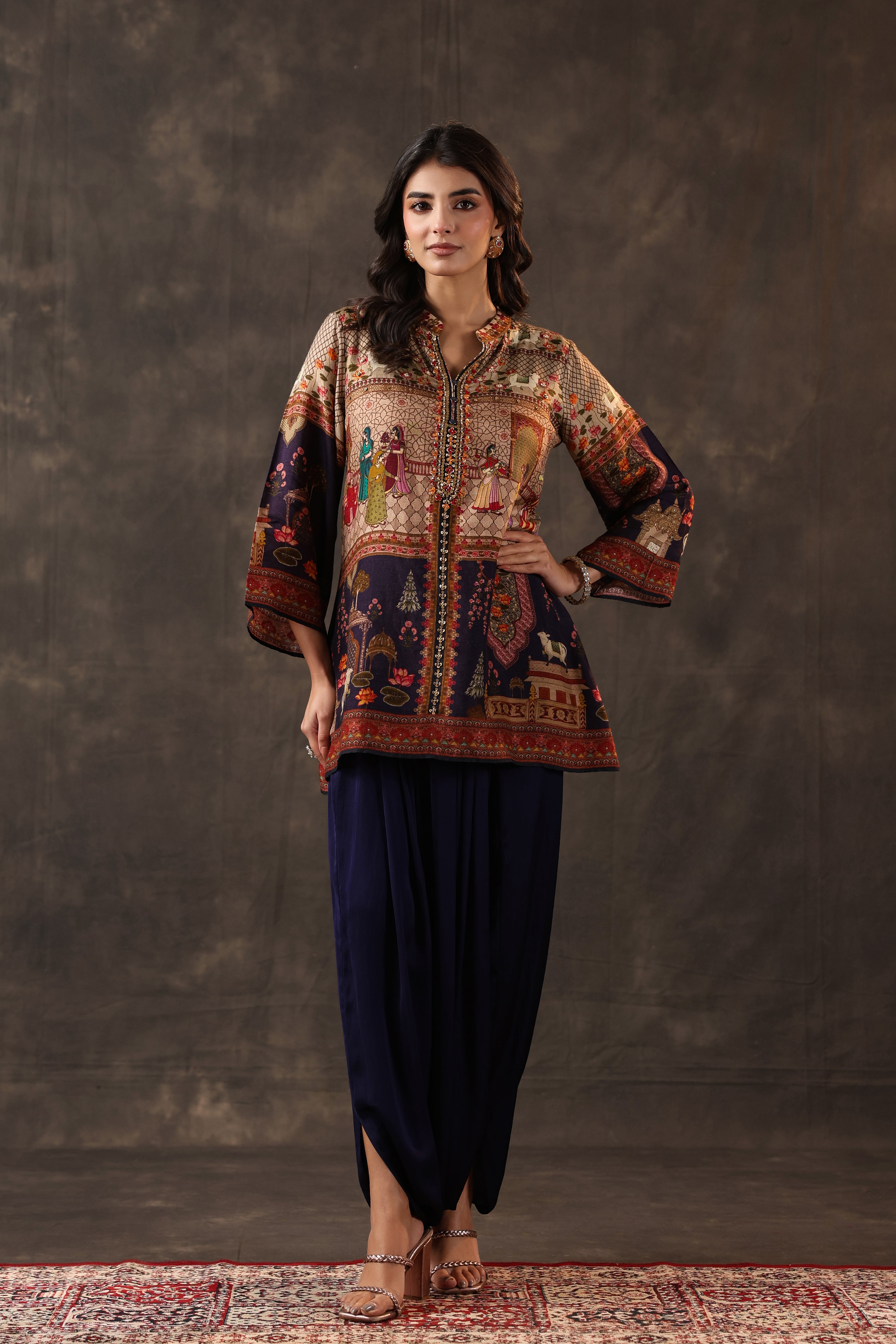 Indigo Heritage Printed Dola Silk Dhoti Set