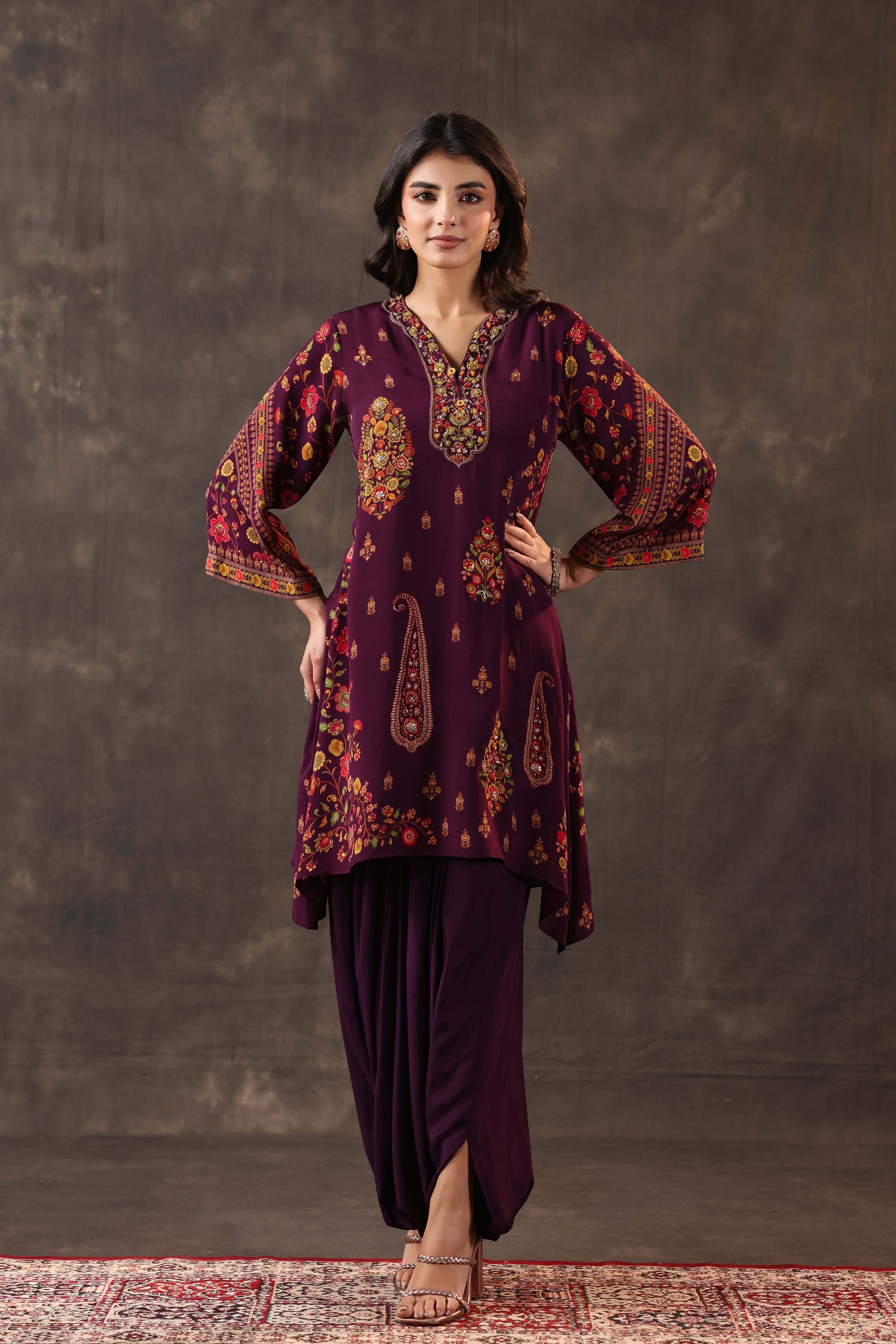 Deep Plum Paisley Printed Crepe Silk Dhoti Set