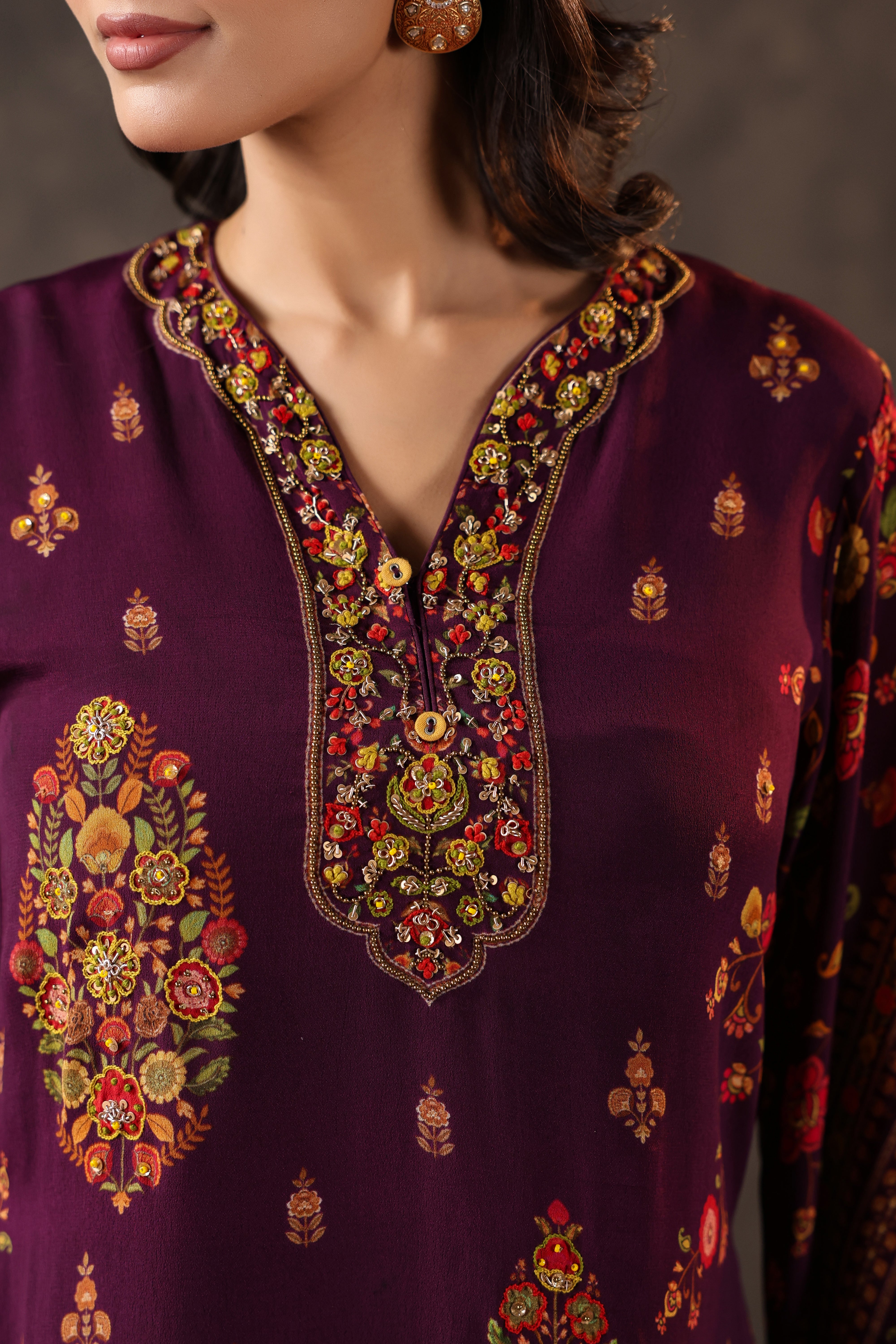 Deep Plum Paisley Printed Crepe Silk Dhoti Set