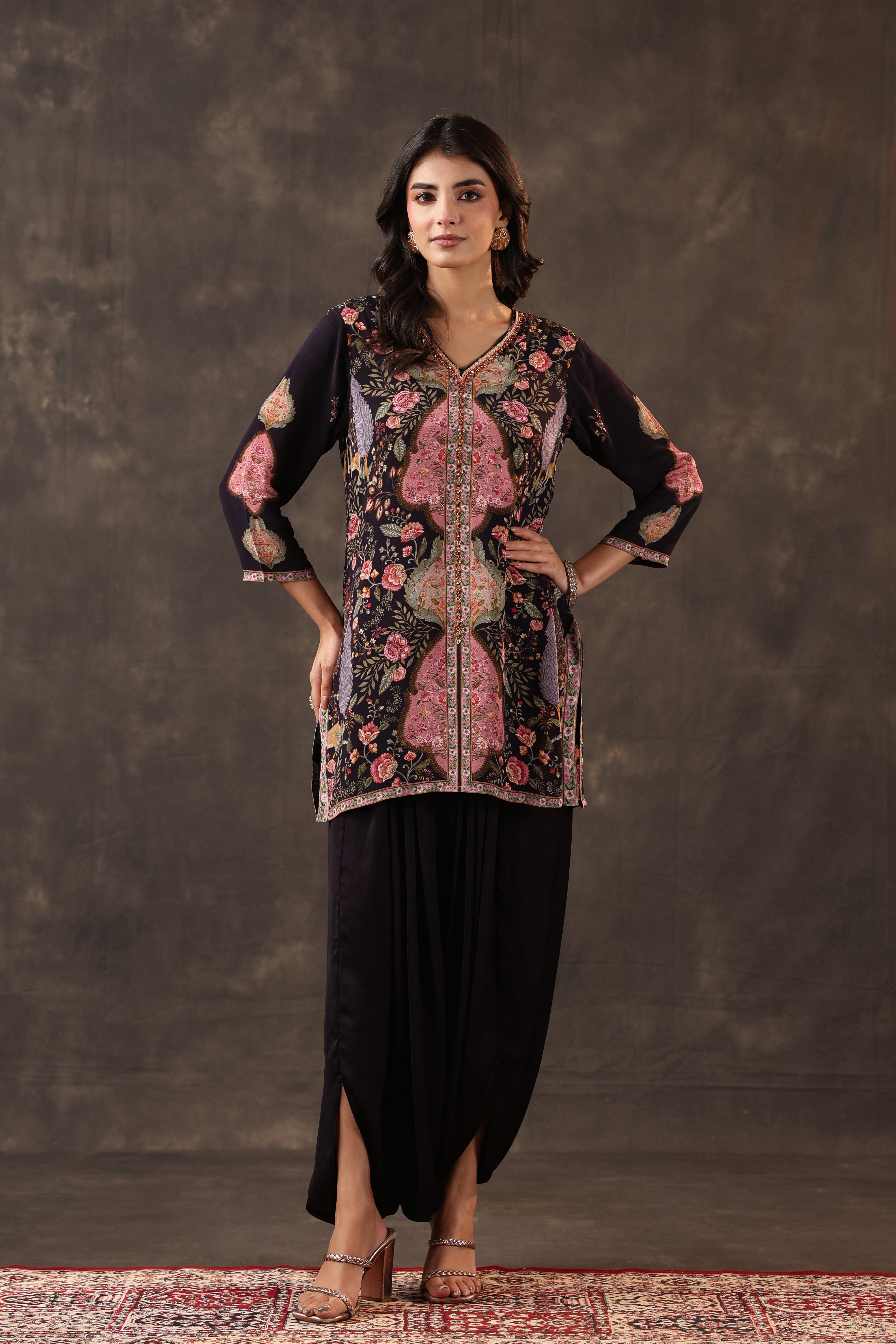 Midnight Rose Printed Crepe Silk Dhoti Set