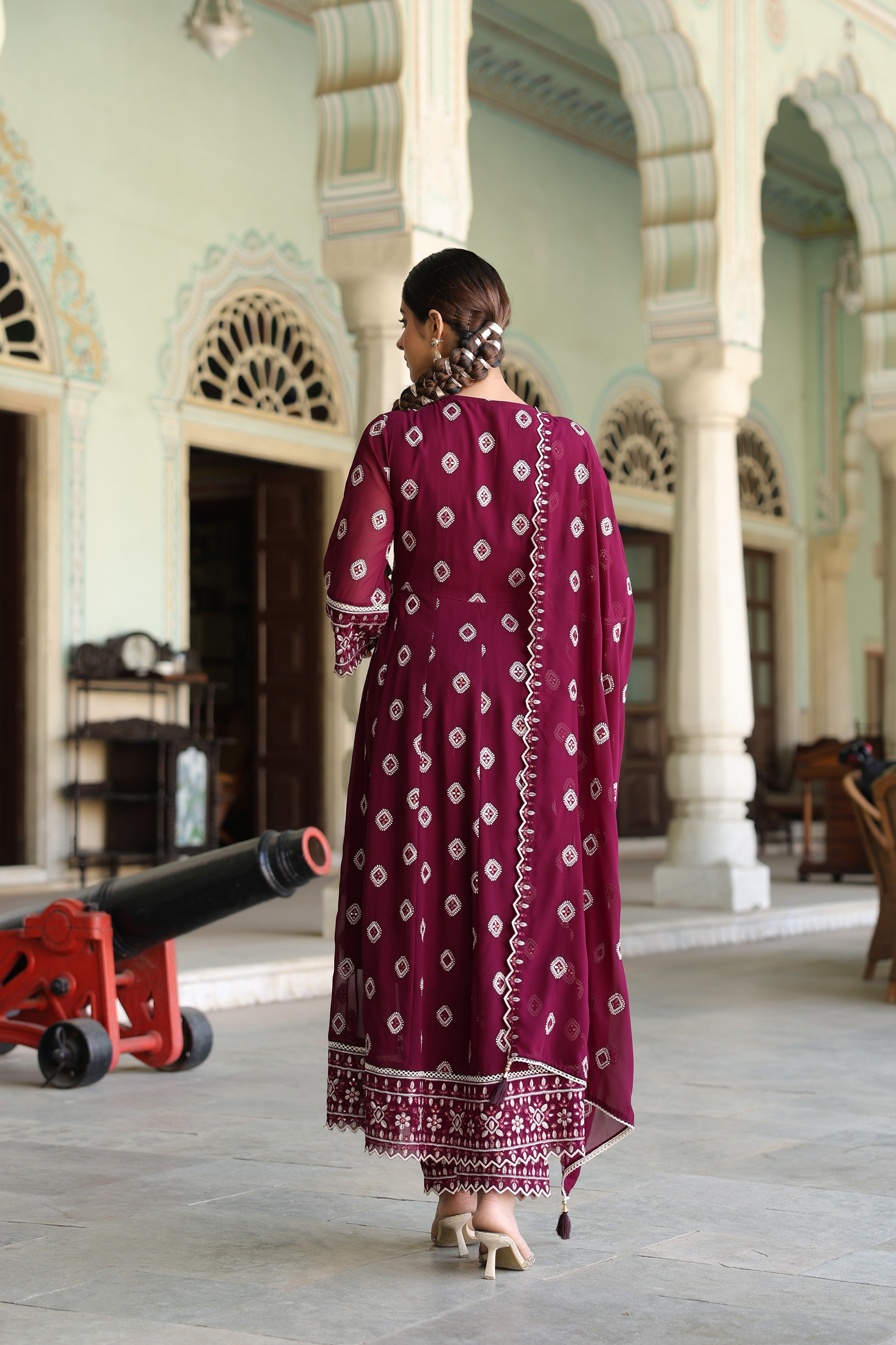 Wine Embroidered Premium Georgette Silk Anarkali Set