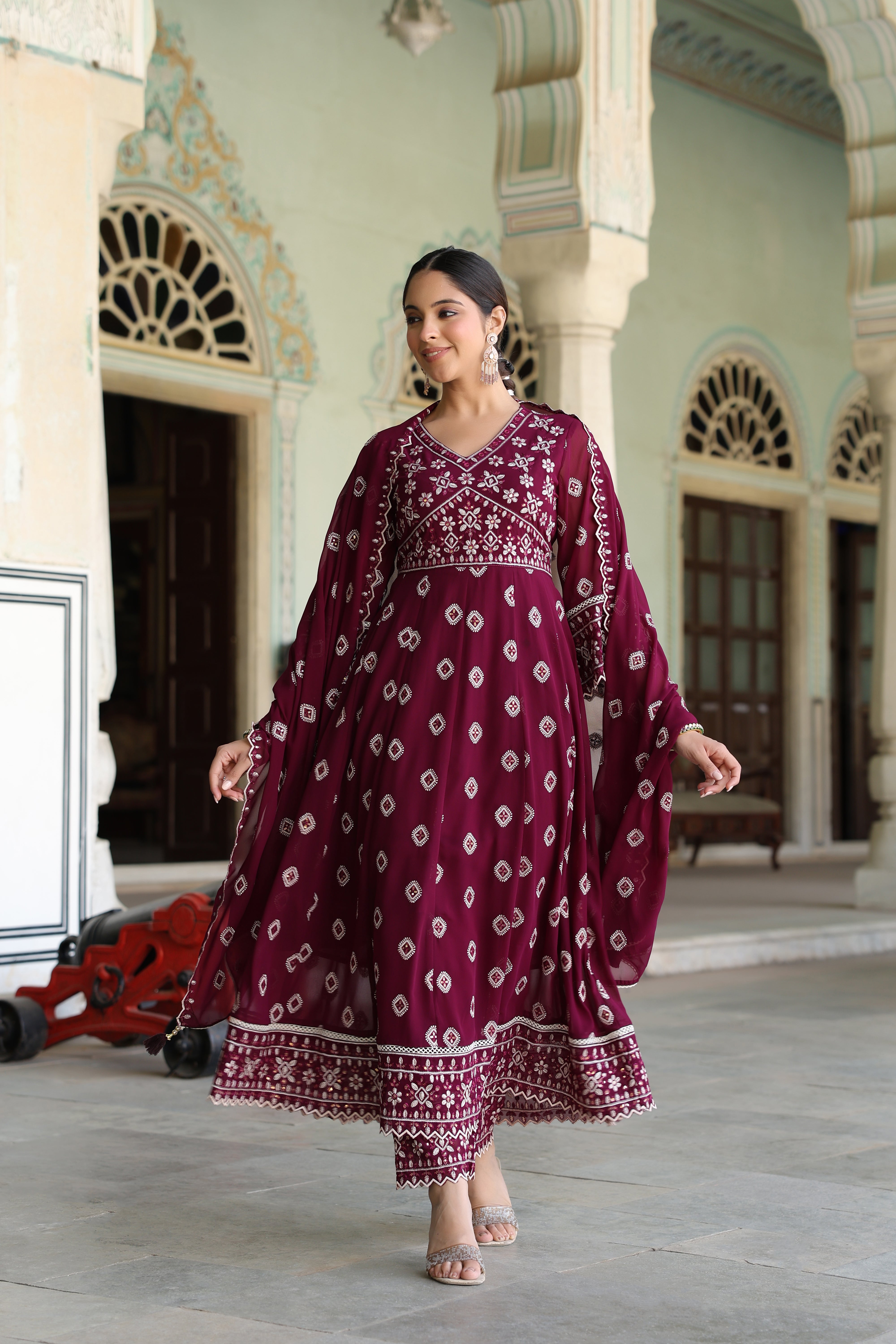 Wine Embroidered Premium Georgette Silk Anarkali Set