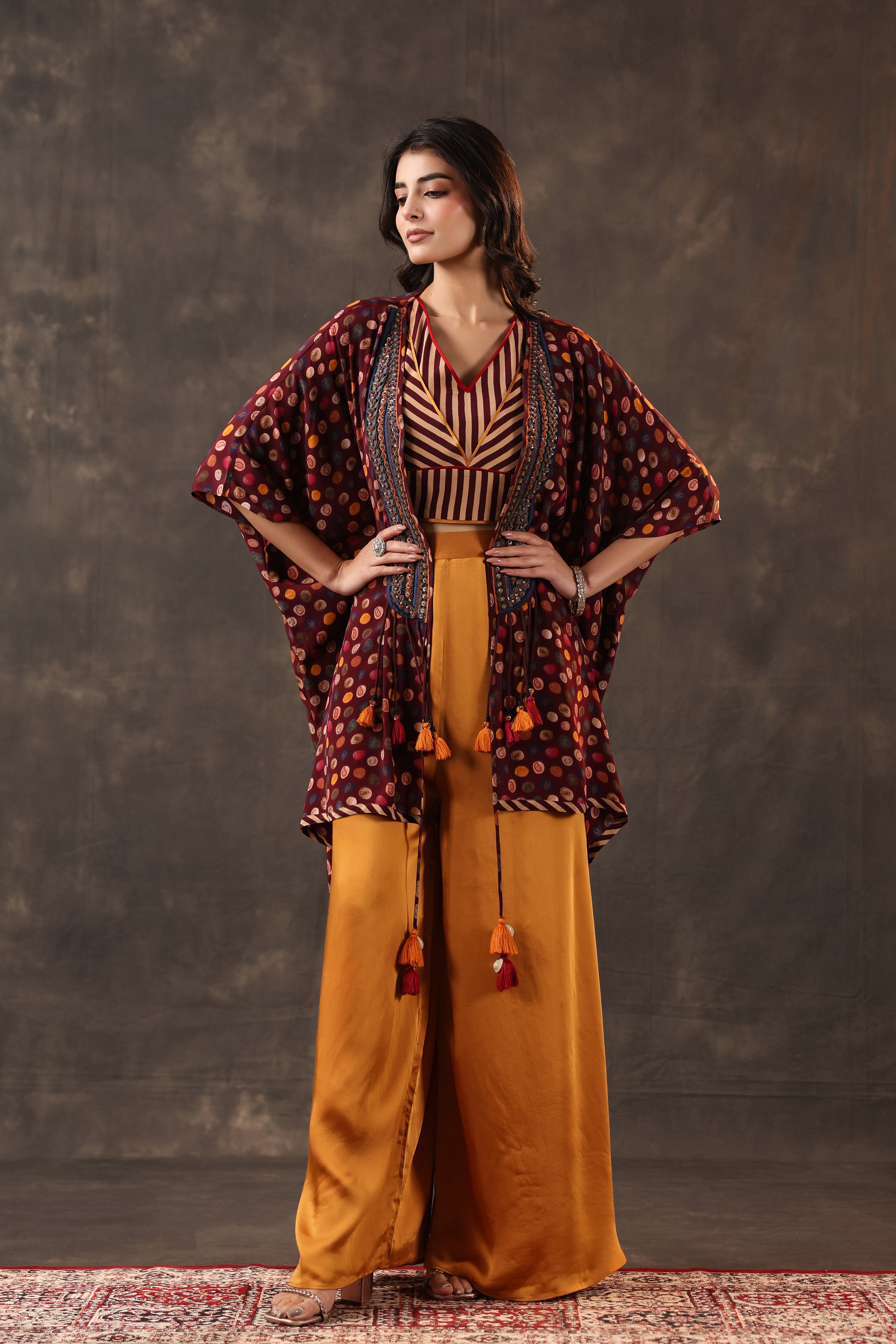 Maroon & Mustard Embellished Crepe Silk Cape Set