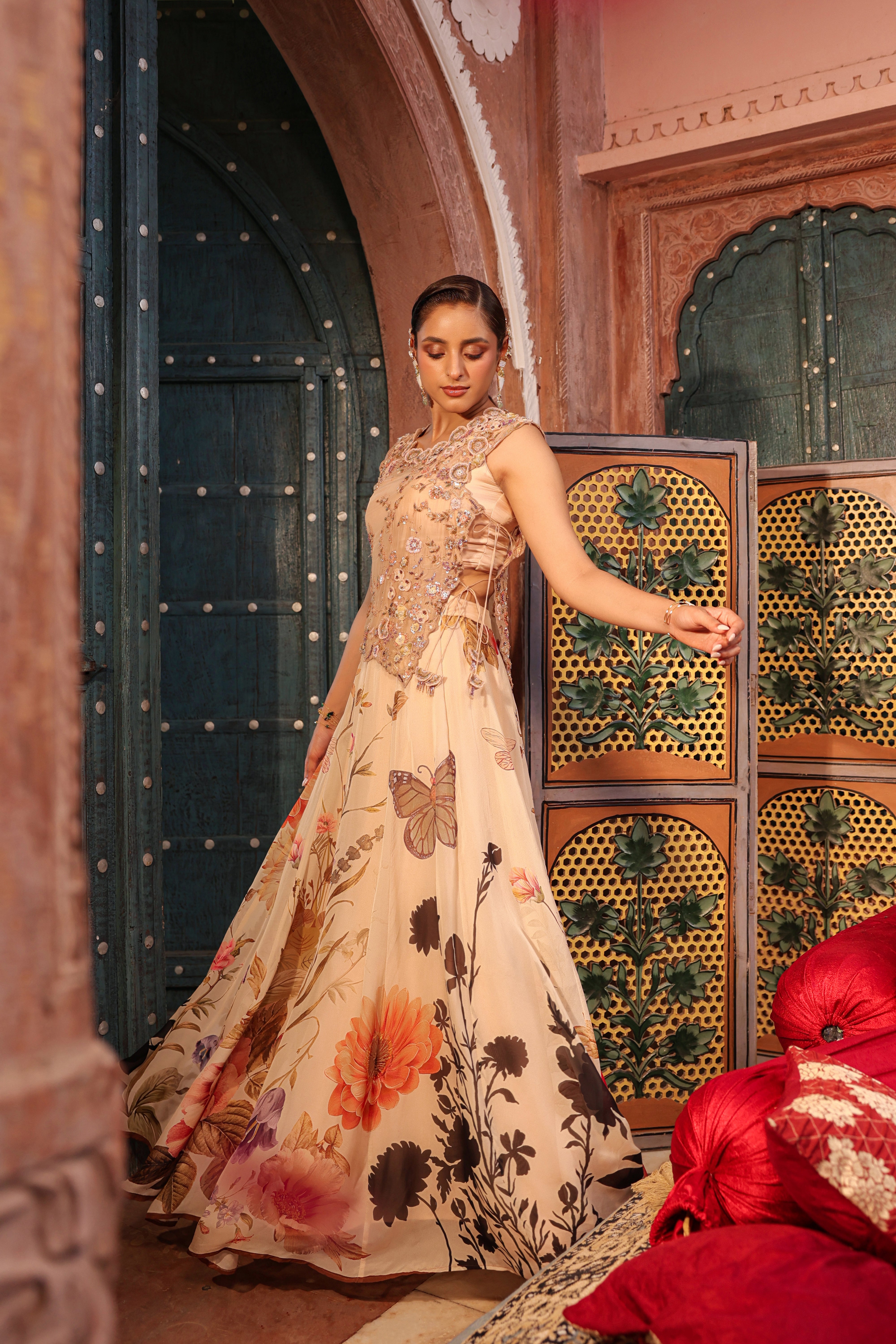 Dusty Nude Embellished Organza Silk Cape Lehenga Set