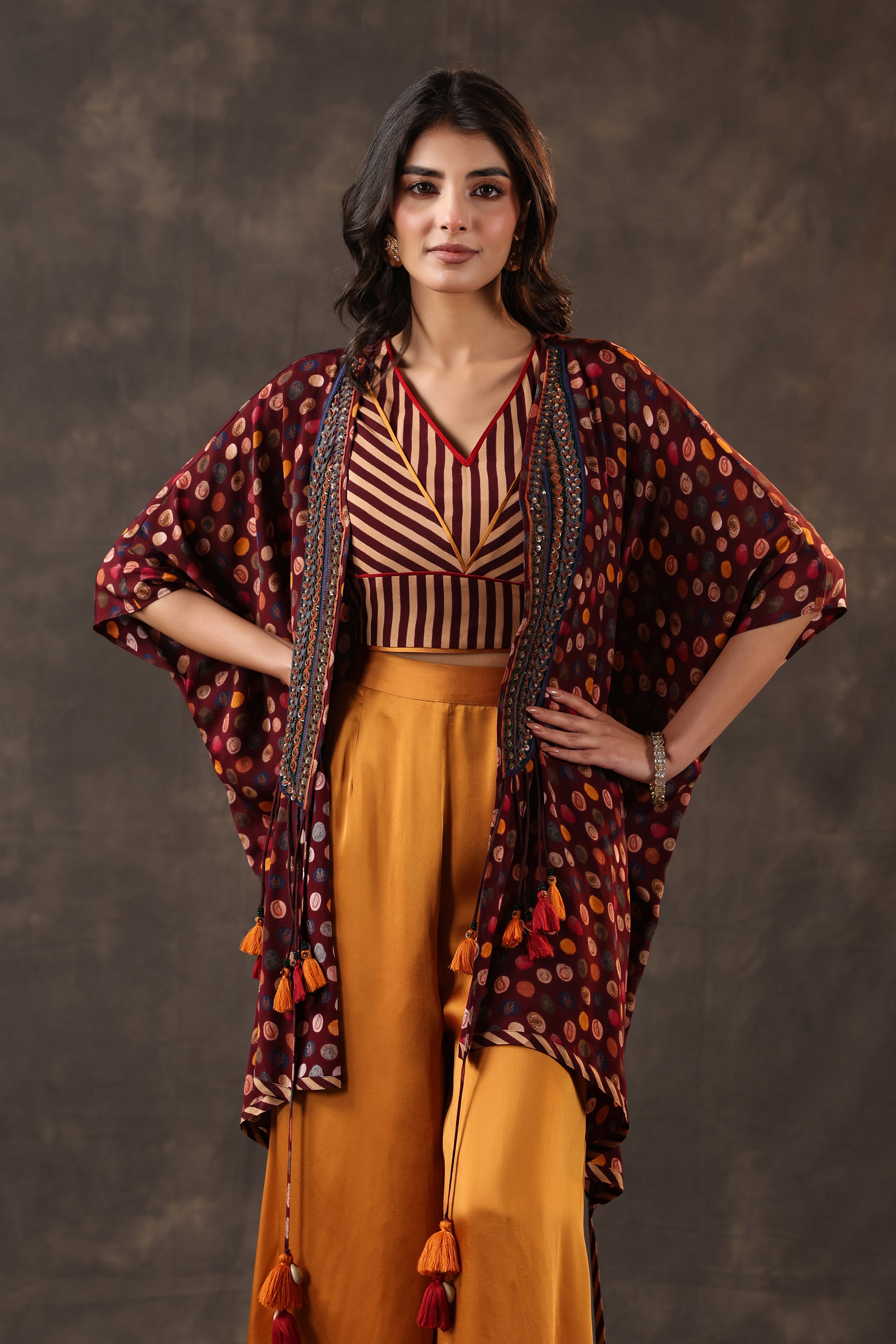 Maroon & Mustard Embellished Crepe Silk Cape Set