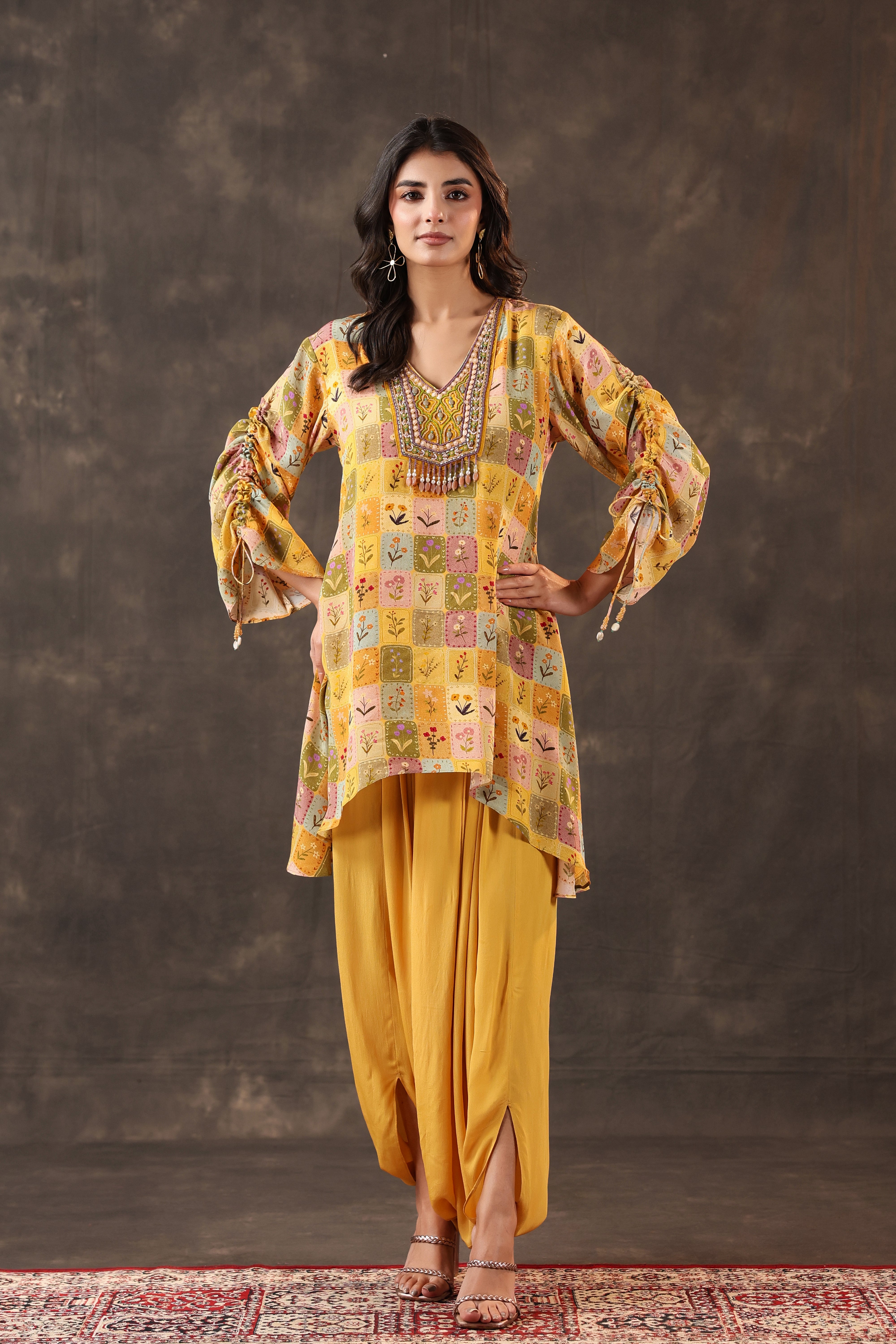 Bright Yellow Printed Crepe Silk Dhoti Set