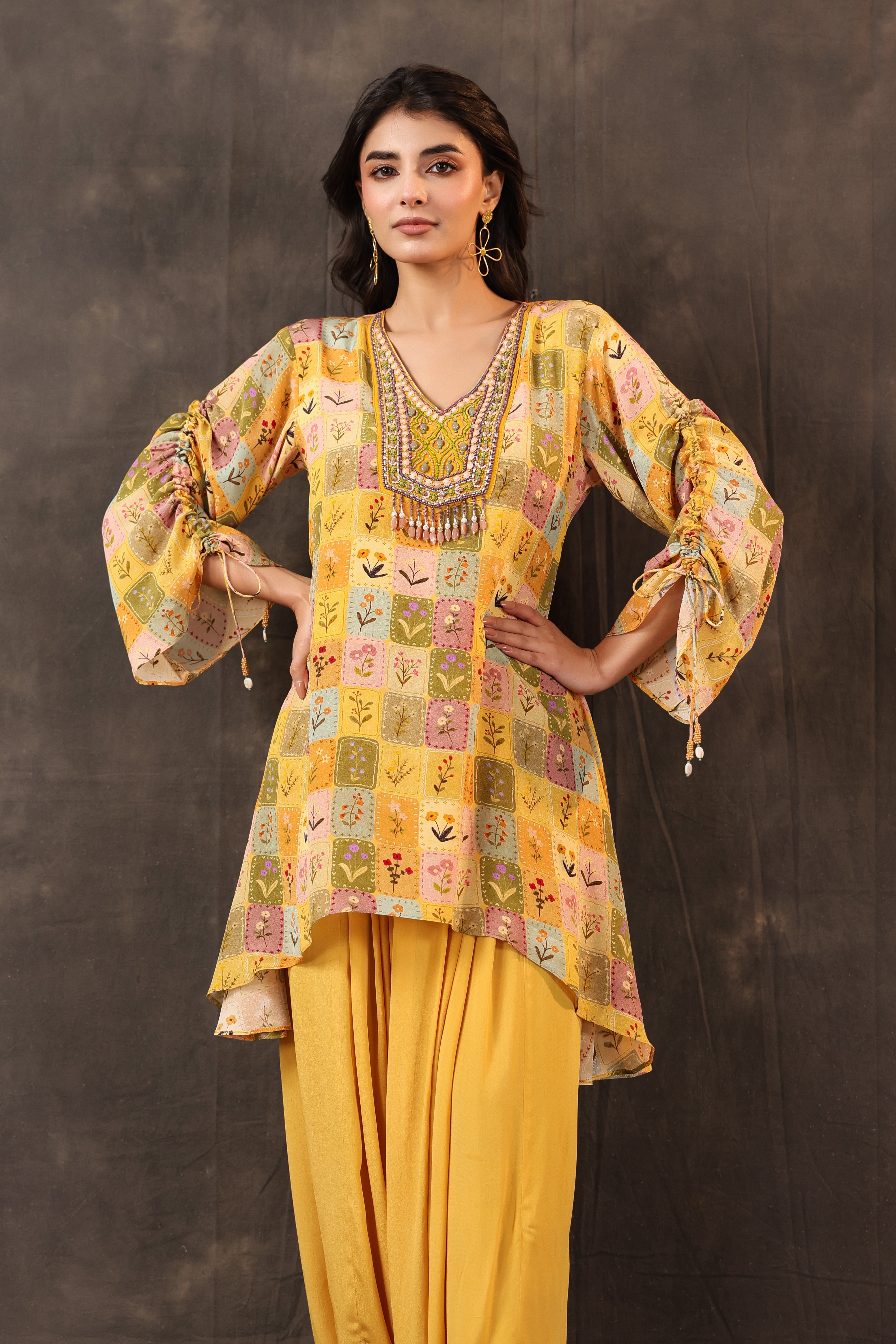 Bright Yellow Printed Crepe Silk Dhoti Set