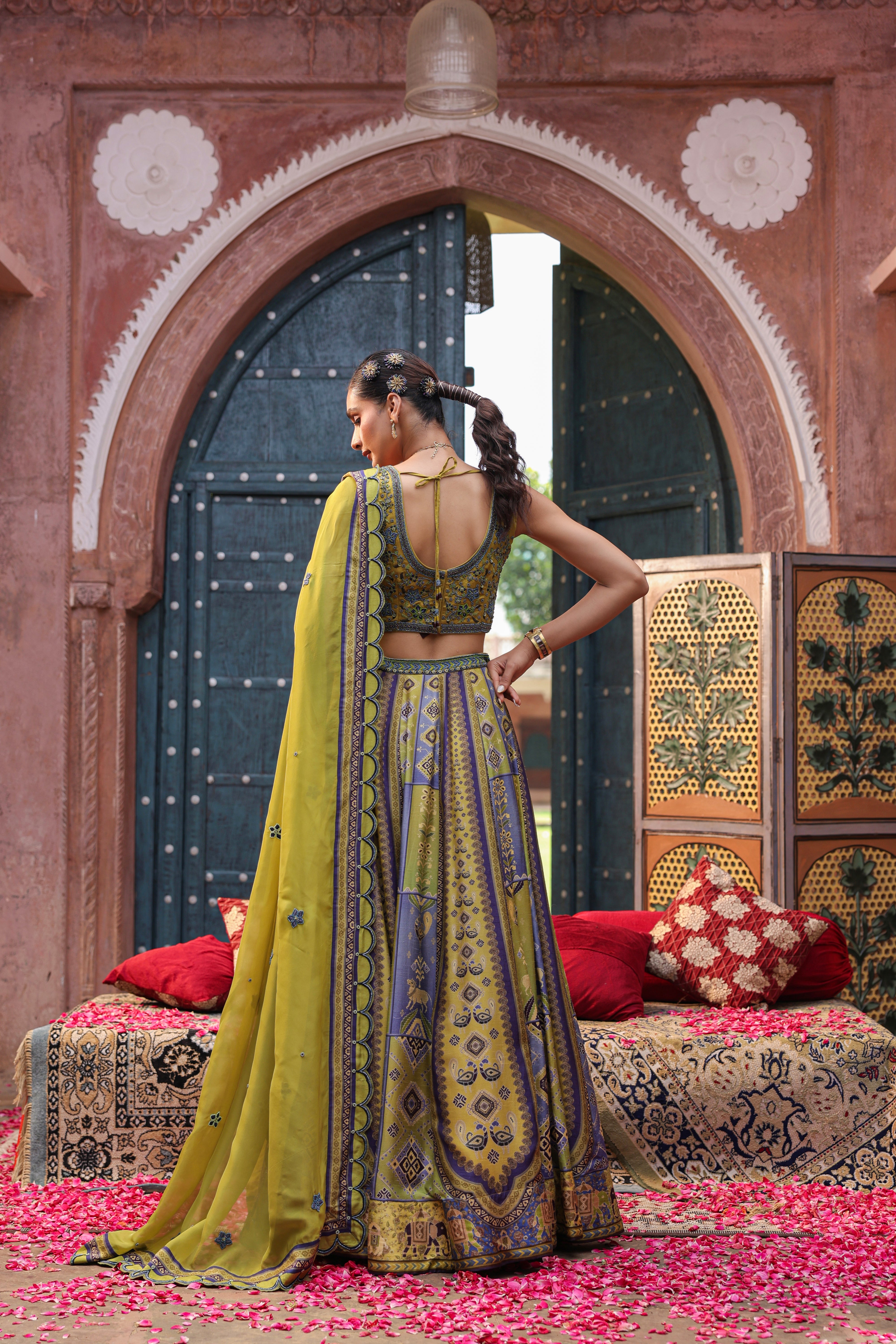 Mehendi Green Embellished Raw Silk Lehenga Set