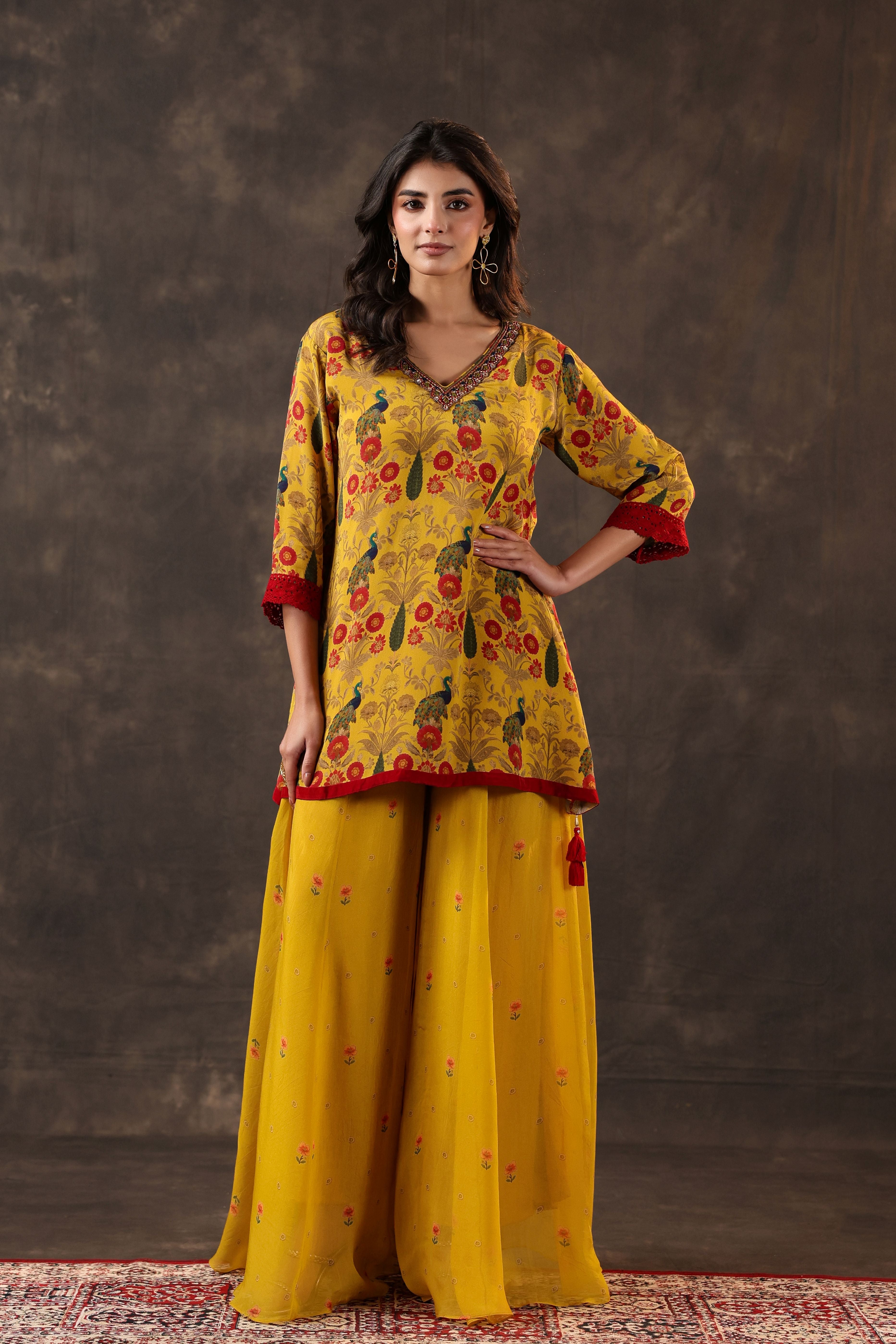 Marigold Peacock Printed Crepe Silk Palazzo Set