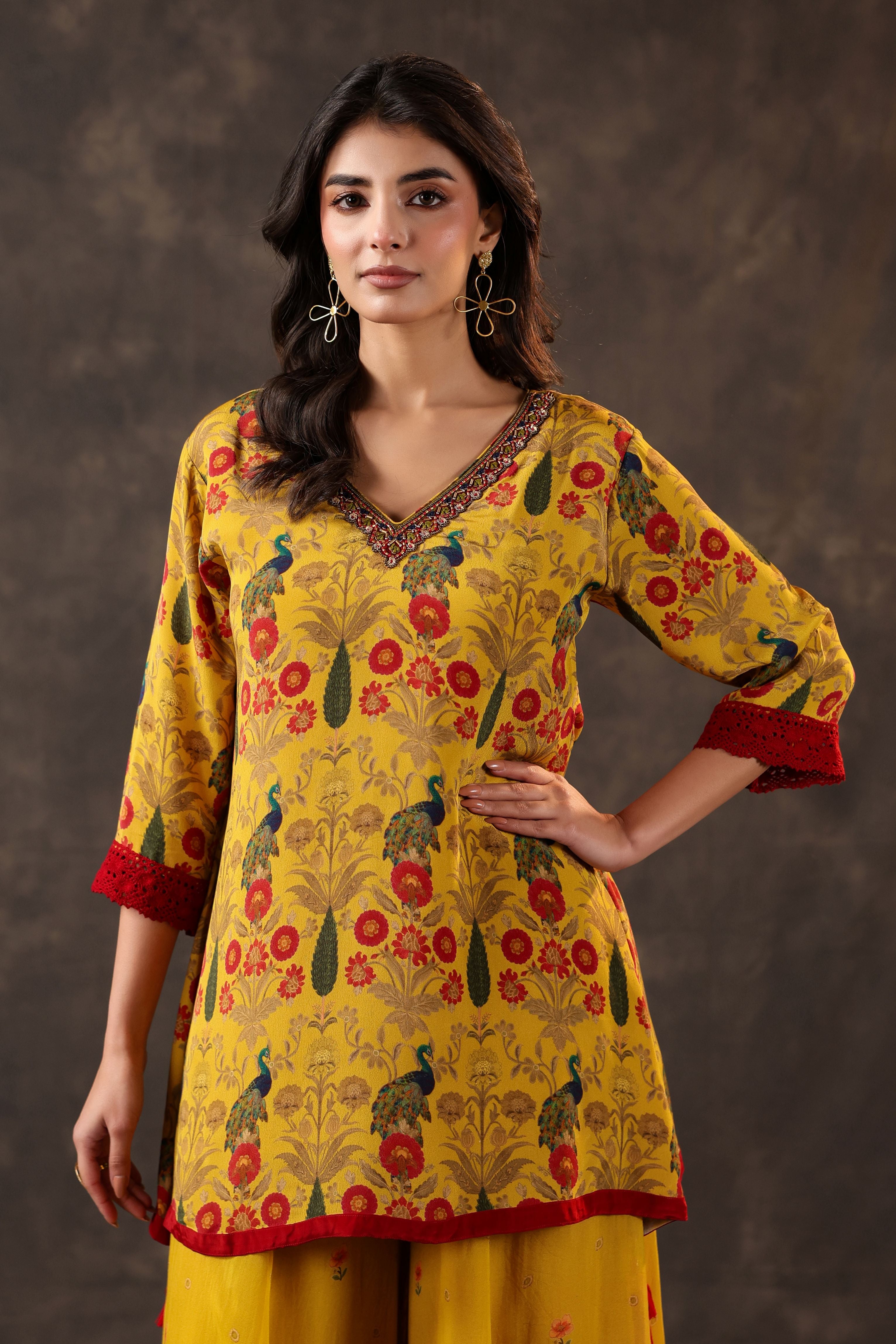 Marigold Peacock Printed Crepe Silk Palazzo Set