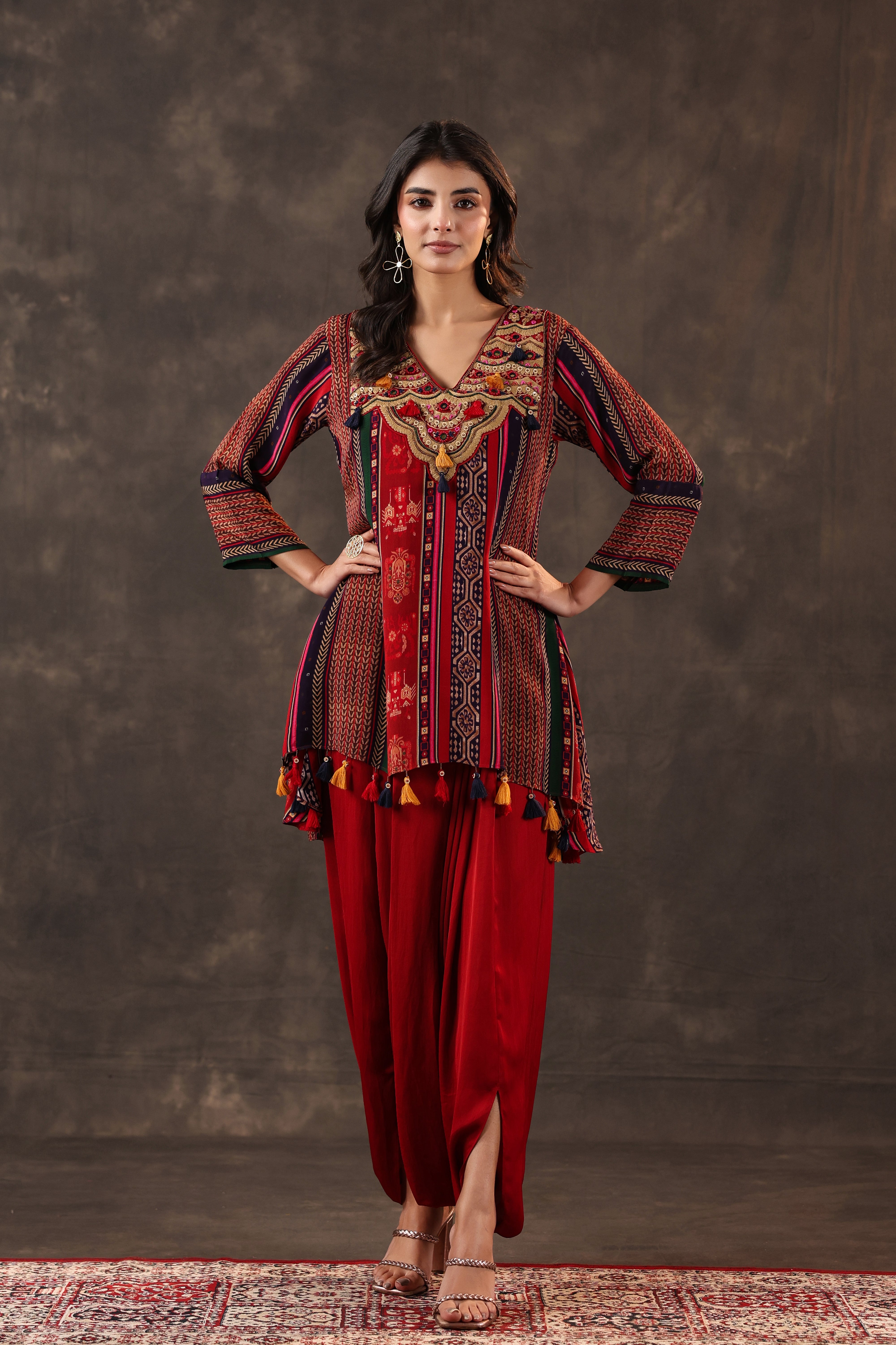 Garnet Tribal Printed Crepe Silk Dhoti Set