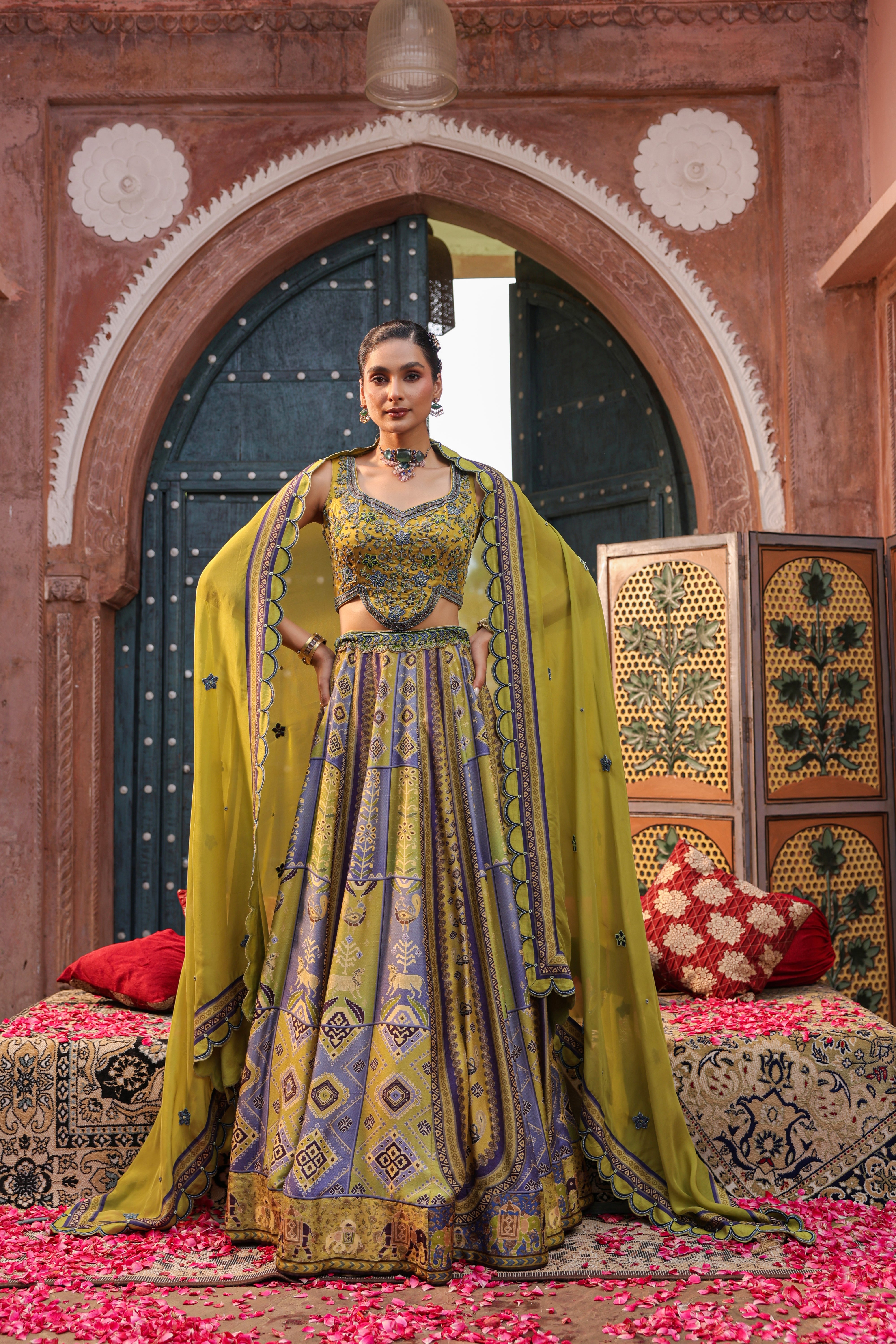 Mehendi Green Embellished Raw Silk Lehenga Set